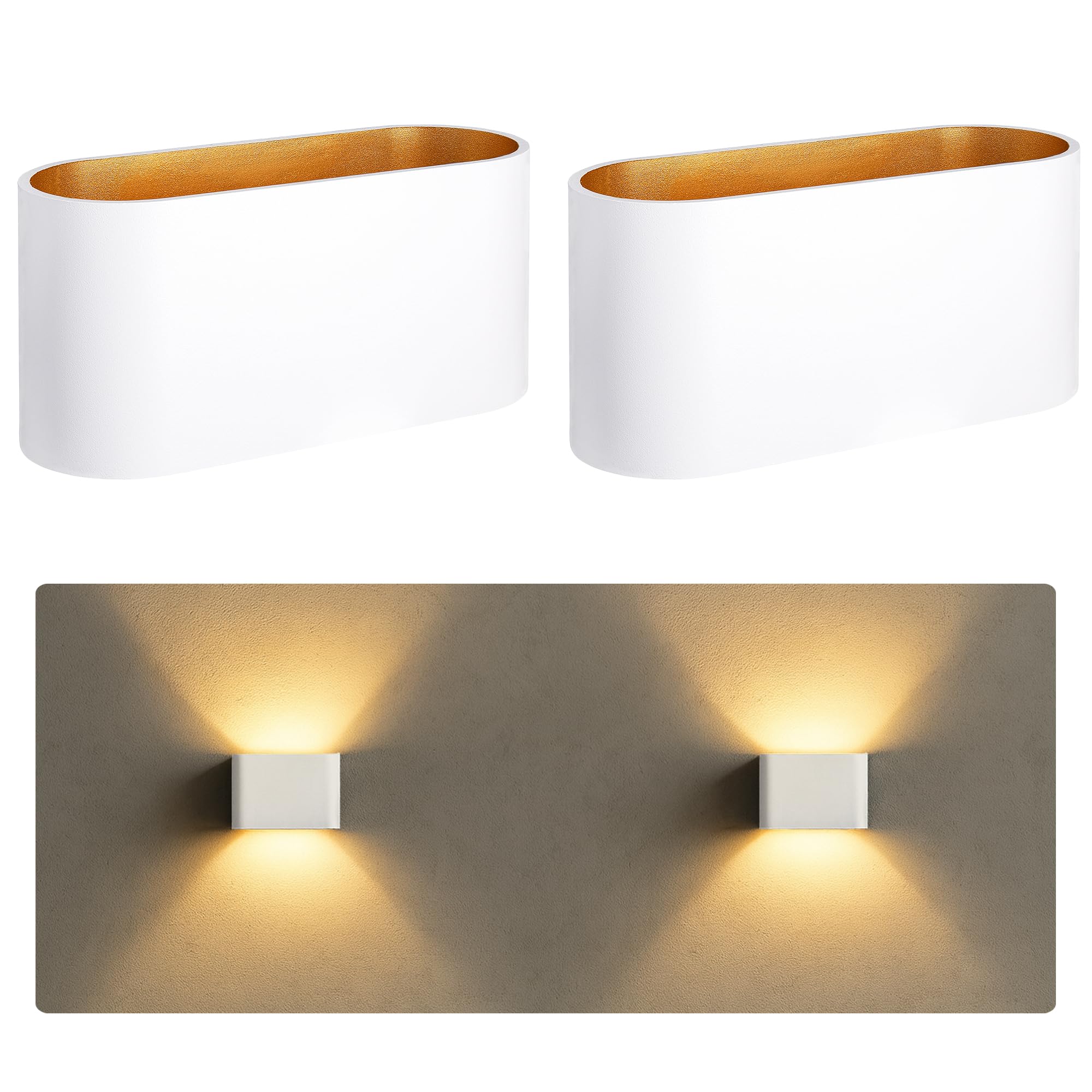 SSC-LUXon JOBERO 2er Set Wandlampe Innen weiß gold - moderne Wandbeleuchtung Up Down im Retro Design mit 1x G9 Fassung 230 V