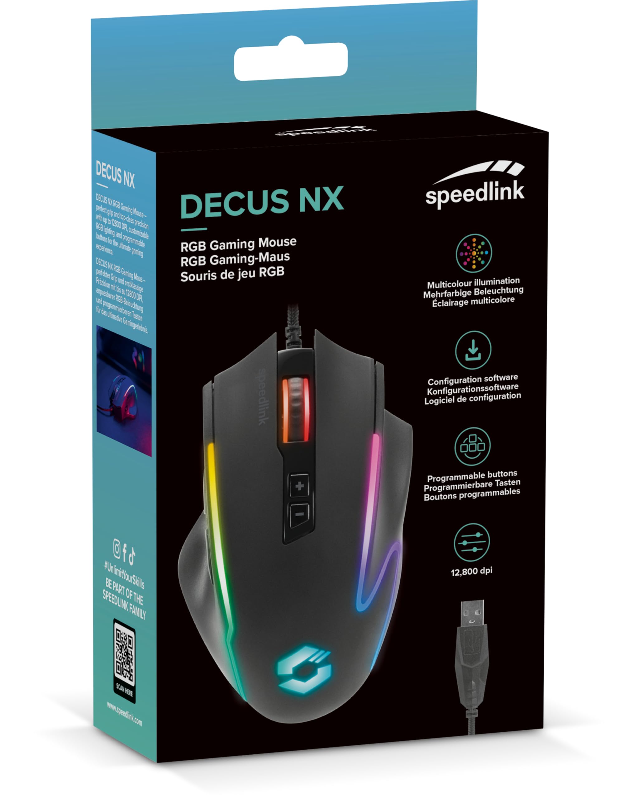 Speedlink DECUS NX - RGB Gaming Maus mit Kabel, bis 12800dpi, Programmierbar, Dauerfeuer Taste, USB kabelgebunden ummantelt, 1000Hz Pollingrate, schwarz