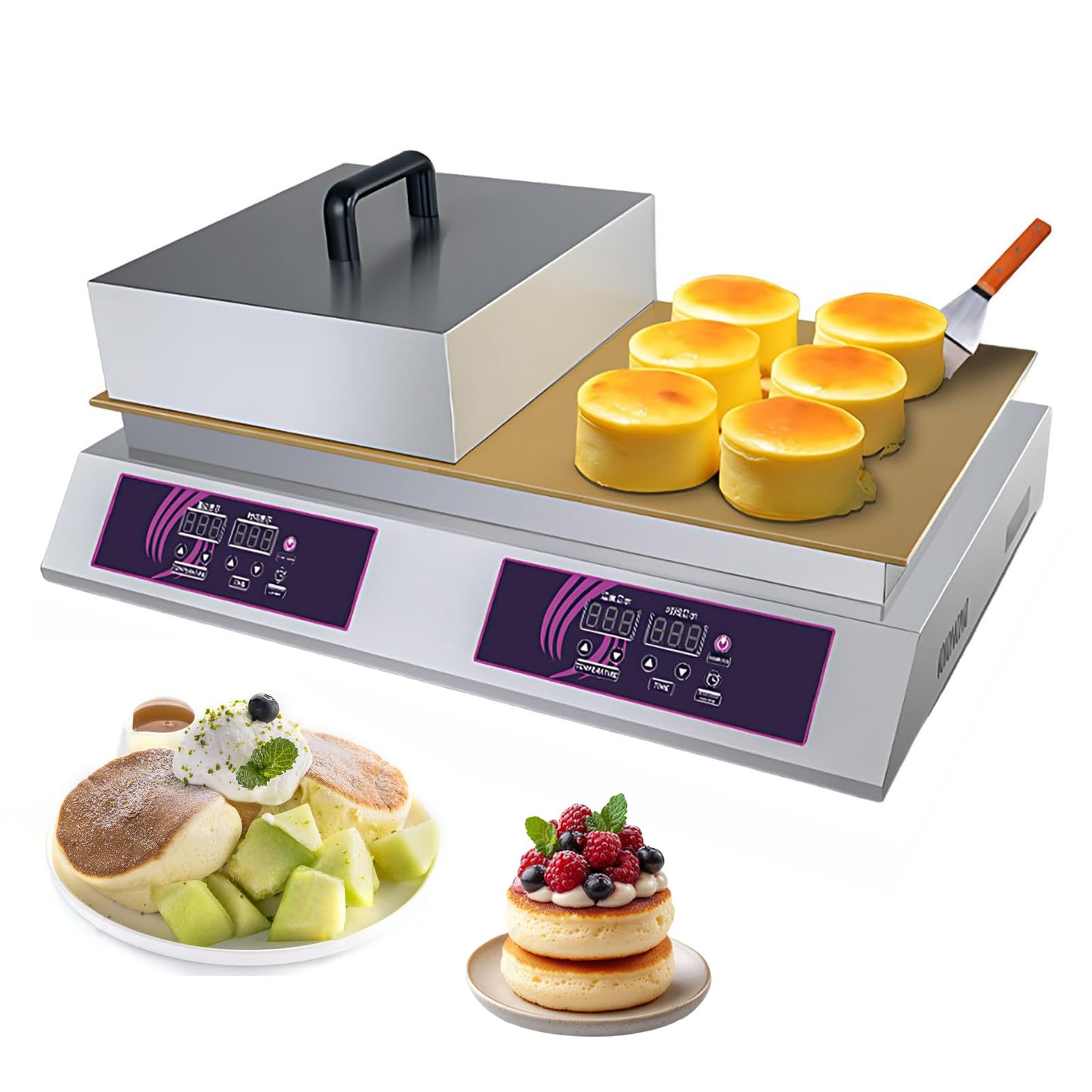 GSHSHOU Commercial Souffle Machine Electric Countertop Dorayaki Making Machine Muffin Pancake Machine Non-Stick Waffle Maker 2 Copper Heating Plates Digital Temp Control Doublehead