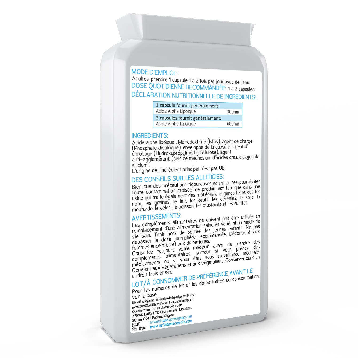 Acide alpha lipoïque 300 mg 120 comprimés - ALA double (à la fois R-ALA et S-ALA) - Fabriqué au Royaume-Uni