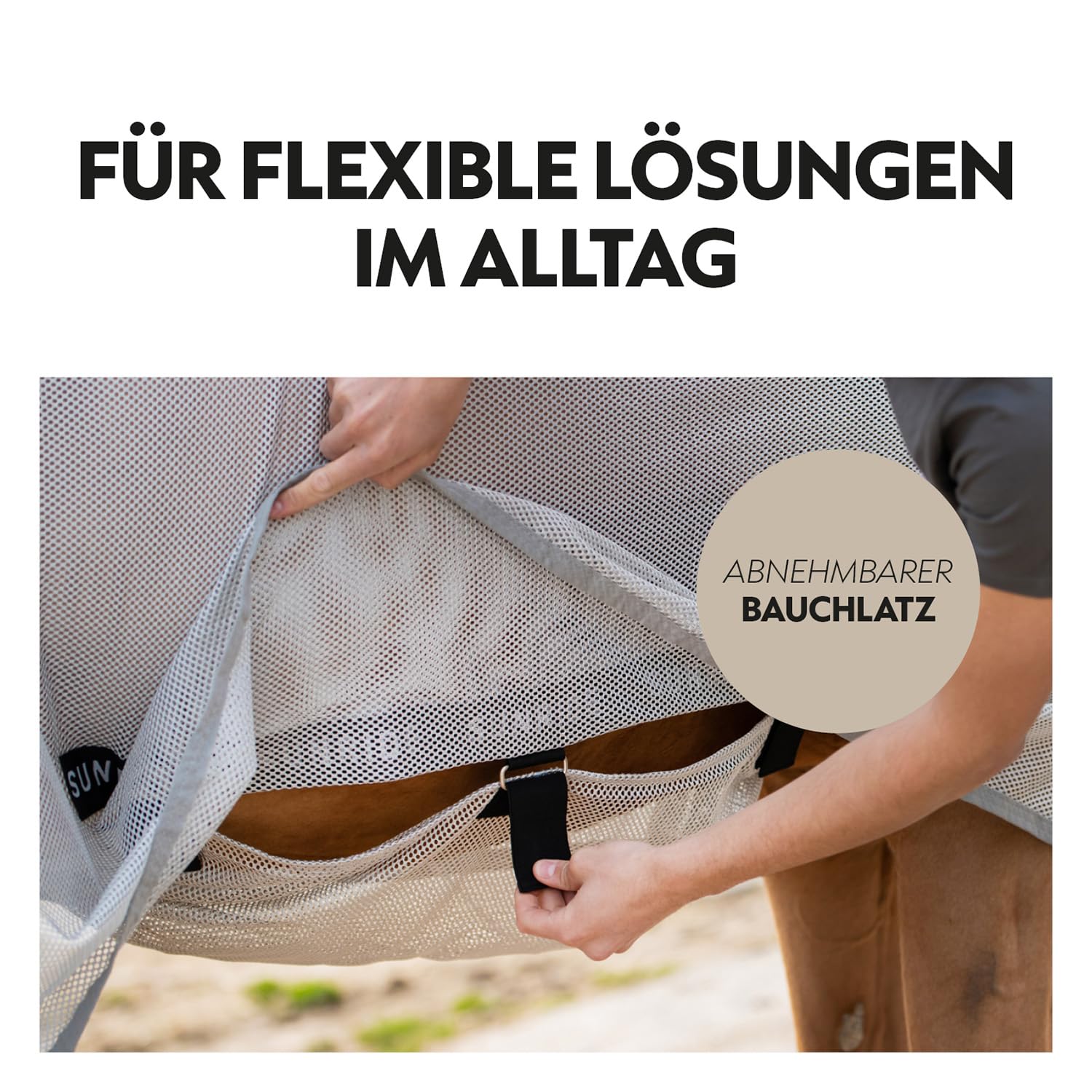 SUNRIDE Transportdecke/Fliegendecke für Pferde (Dubai) - mit UV-Schutz - atmungsaktiv - Abnehmbarer Bauchlatz - maschinenwaschbar - mit abnehmbarem Halsteil - grau (145 cm)