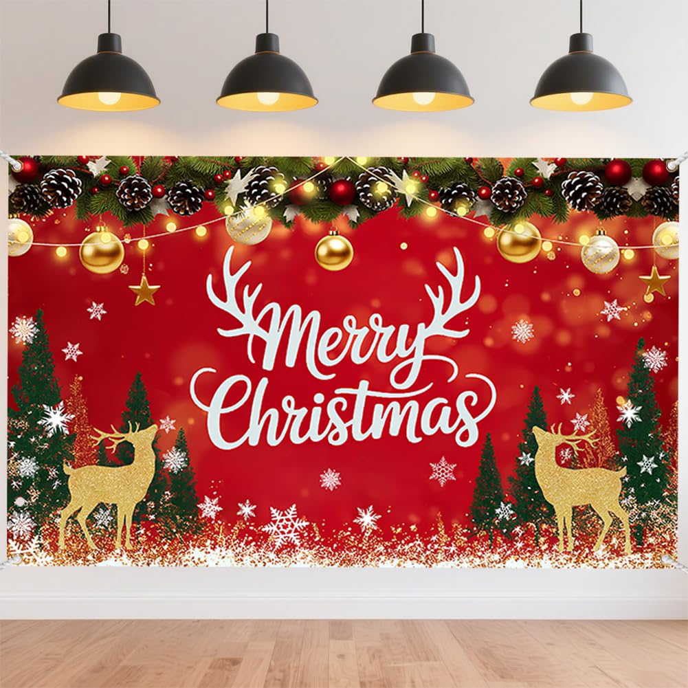 CRAFTYMELODY Merry Christmas Banner 72×44 Inch Red Christmas Wall Banner Santa Deer Snow Backdrop Winter Yard Sign Indoor Outdoor with Grommets 3.2 Yard String for Party Decoration Supplies — image 1