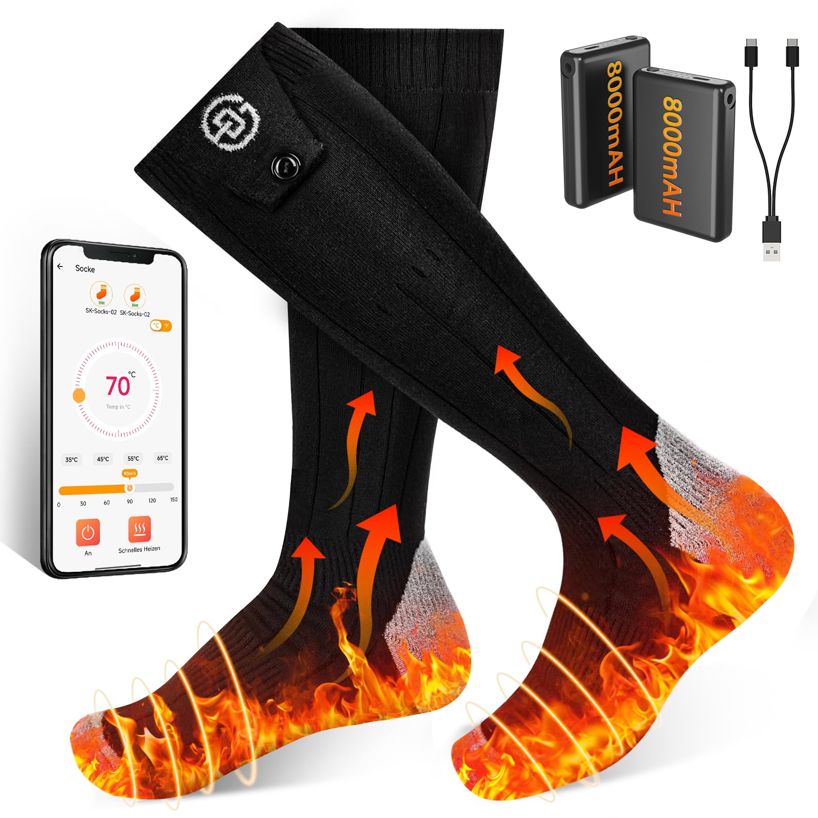 Beheizbare Socken mit APP-Steuerung 5V 8000mAh Fußwärmer Warme Socken Damen Herren Waschbare 4 Temperatur Wiederaufladbare Heizsocken für Winter Skifahren, Radfahren, Angeln, Camping, Wandern