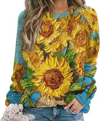 Womens Sweatshirt Hippie Funny Sunflower Oil Painting Shirt 3D Graphic Print Sweatshirts Fall Pullover for Women Crewneck Soft Breathable Trendy Shirts Boho Tops for Women Sunflower S