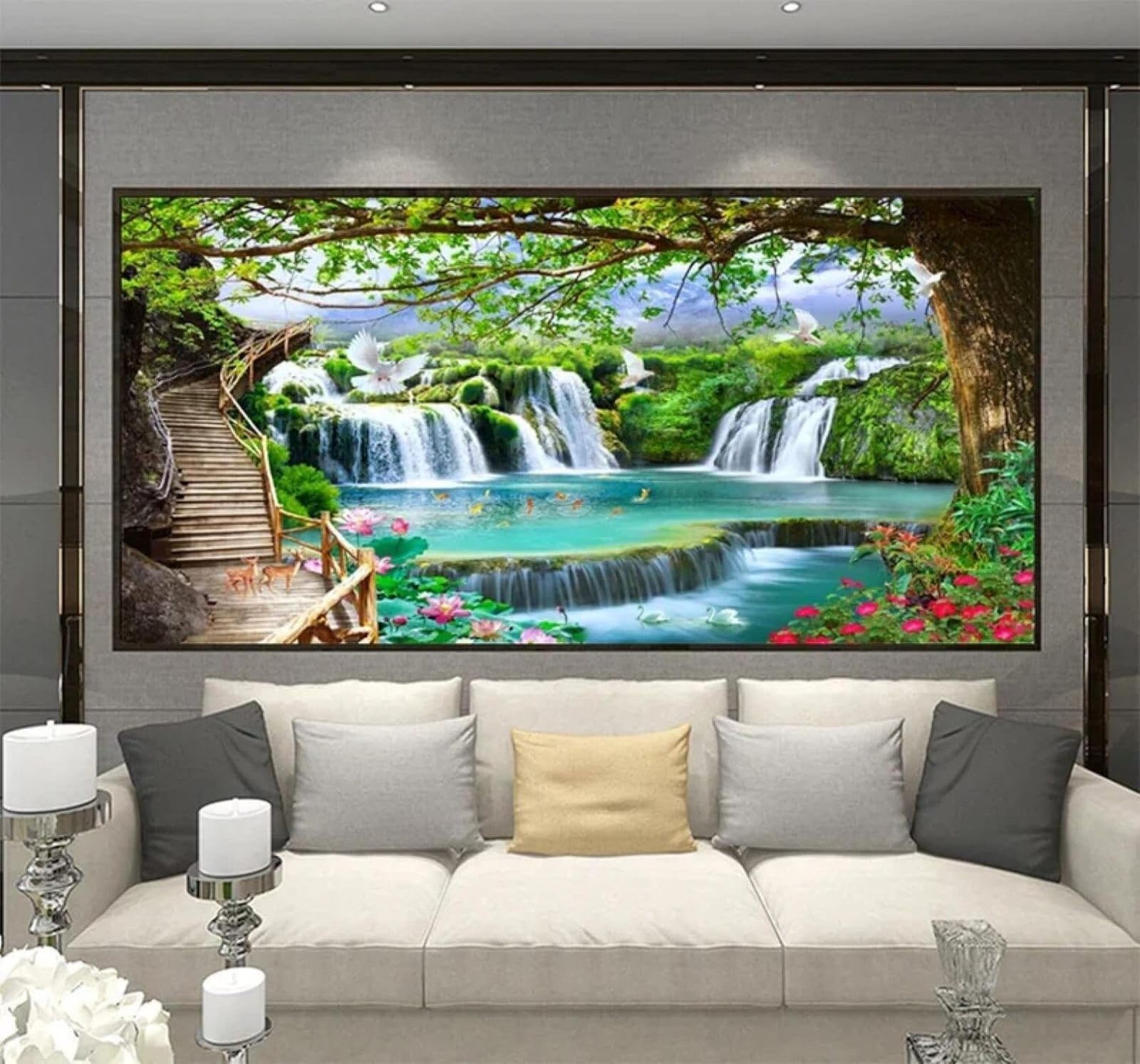 XLMING Fresh Green Landscape Waterfall Natural Scenery 3D Wallpaper Premium Textured Silk Study Dining Living Room Bedroom Sofa TV Wall Easy Install-430cm×300cm
