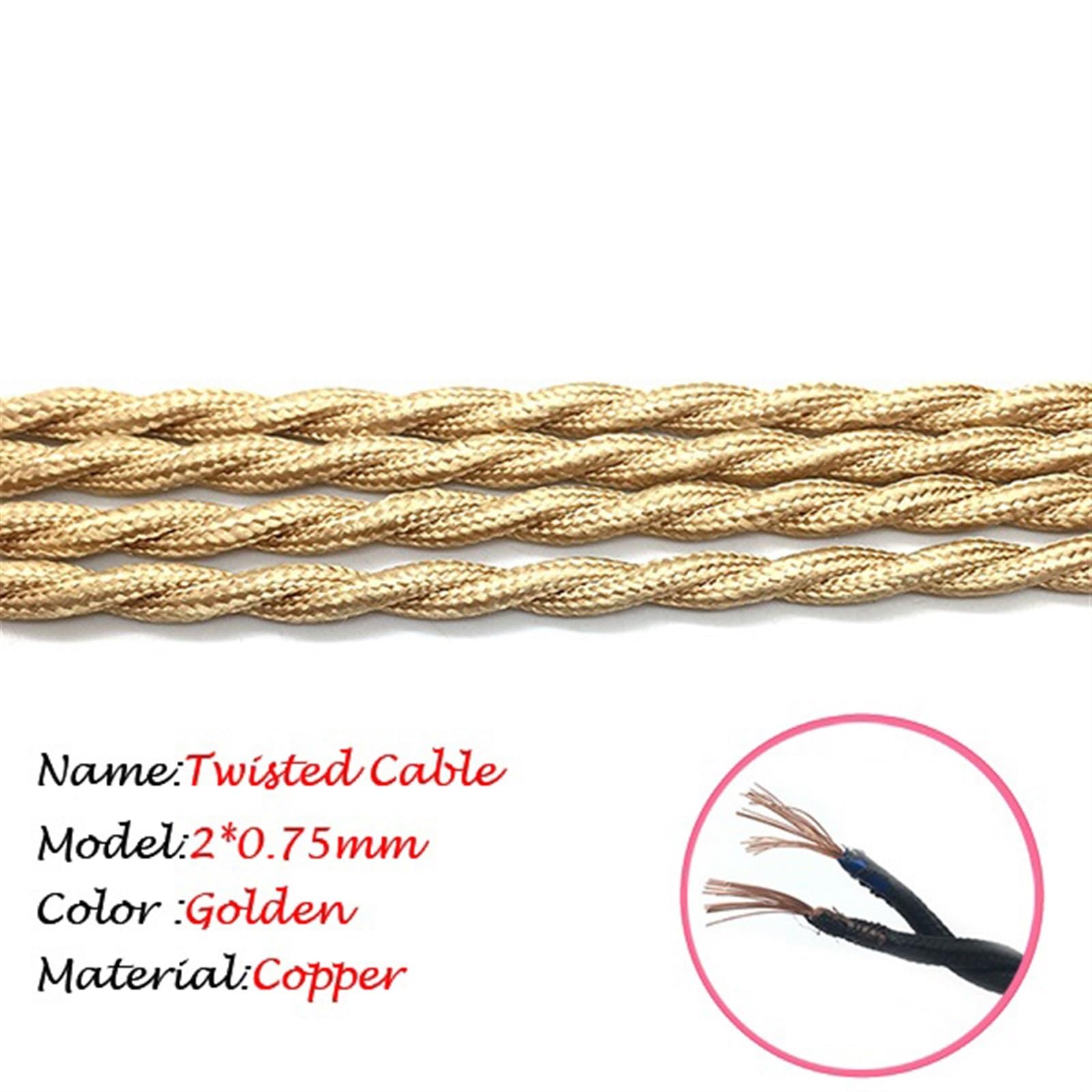 fili, Stile Cavo elettrico intrecciato decorativo lampada tessile(Gold,5Meter 18 AWG)