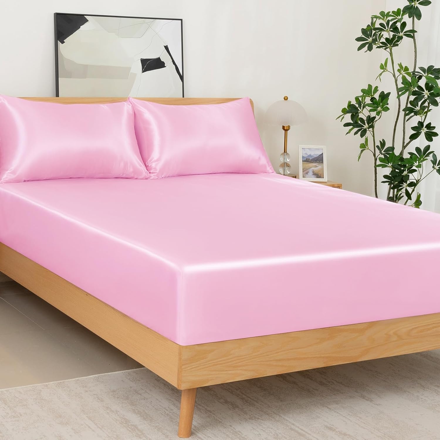 NSGZ 3 Pcs Satin Fitted Sheet and Pillowcase Set, King Silky Bottom Bedsheet Fit up to 15 Inch Deep Pocket Mattress, Taupe Soft Satin Bedding Includes 1 Fitted Sheet and 2 Pillowcases