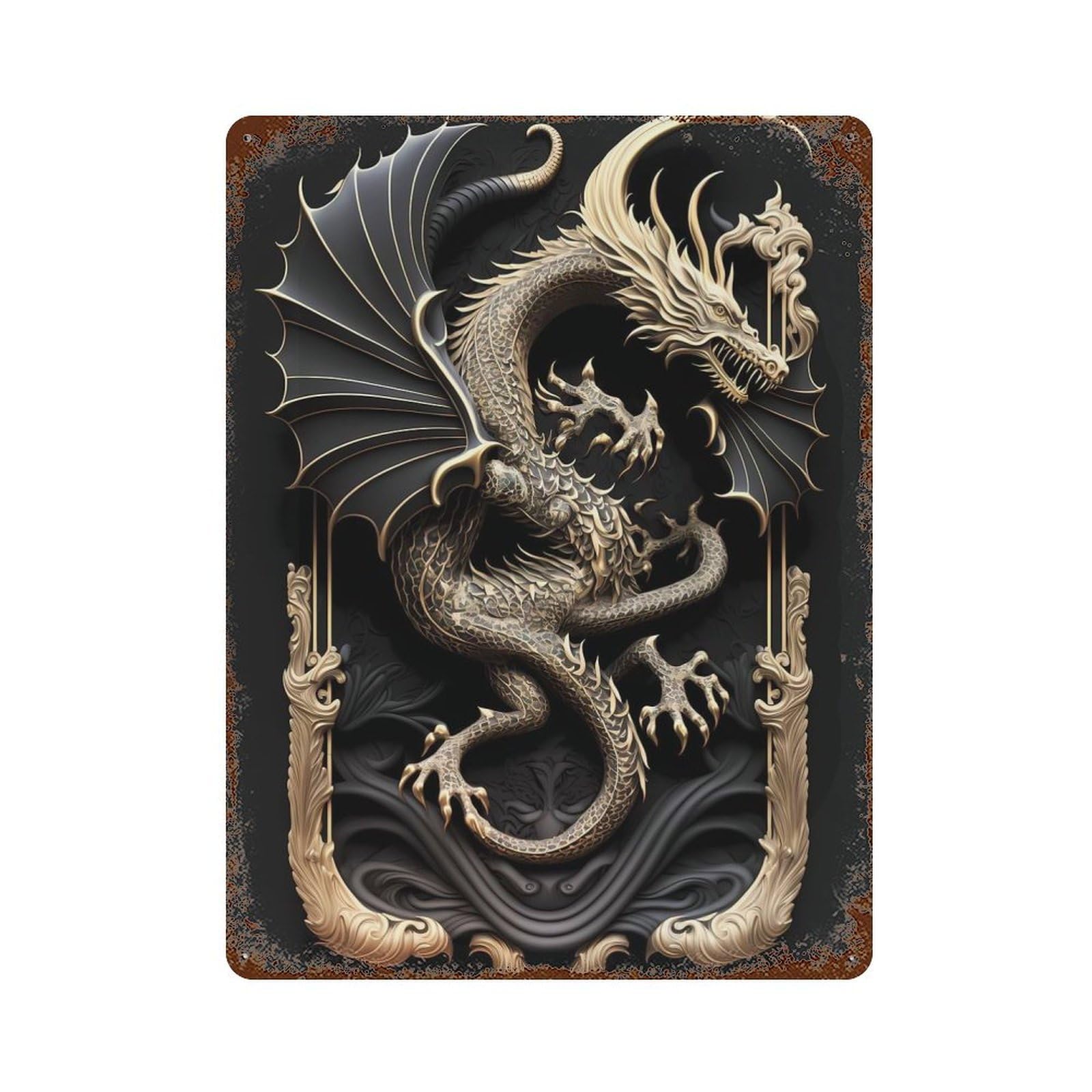 Monster Dragon Art Deco Aged Metal Wall Plaque 15.7"x11.8", for Office, Studio And Wall Decor, Novelty Wall Decor