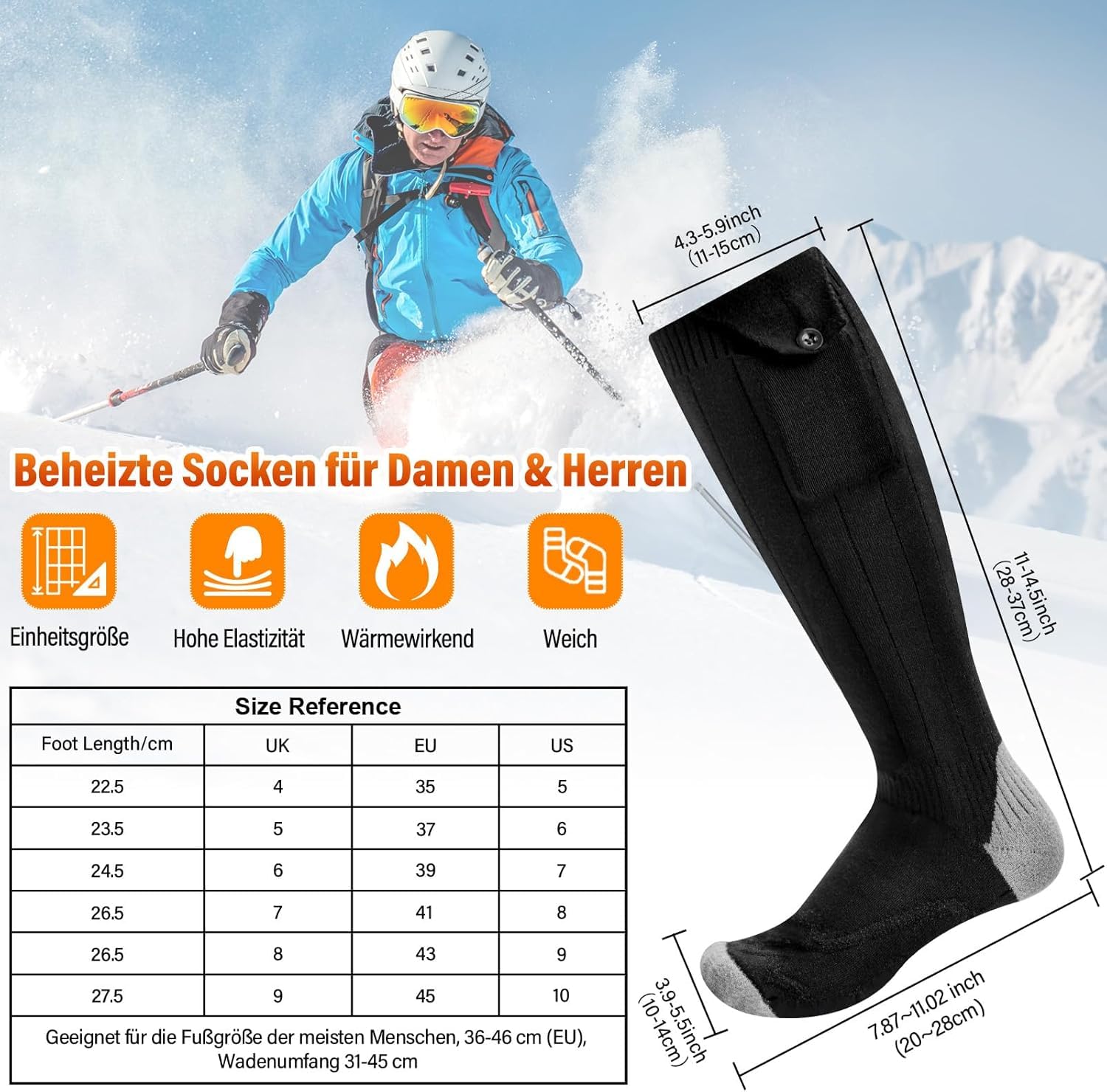 Chaussettes chauffantes, épaisses avec 2 batteries de 5000 mAh 5 V, 4 niveaux de chauffage, élastiques, chauffantes à 360 °, chaussettes chauffantes lavables pour homme et femme, 36-46 pour ski