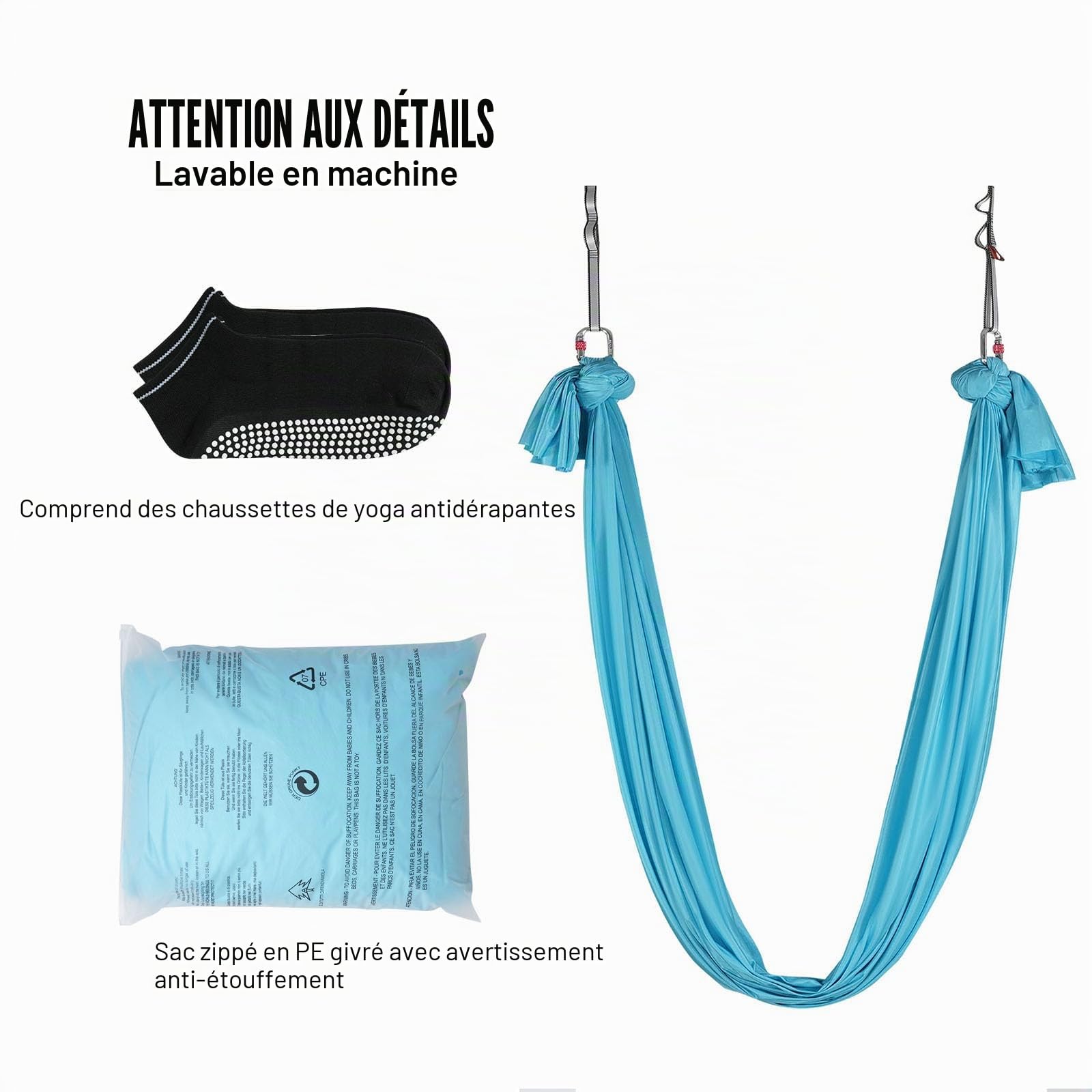 VEVOR Hamac de Yoga Aérien 5x2,8 m Kit Balançoire de Yoga Inversion Danse Aérienne en Nylon 100 g/m² Charge 1000 kg Vol Anti-gravité d'Air pour Fitness Musculation Pilates Gym Maison Studio Bleu