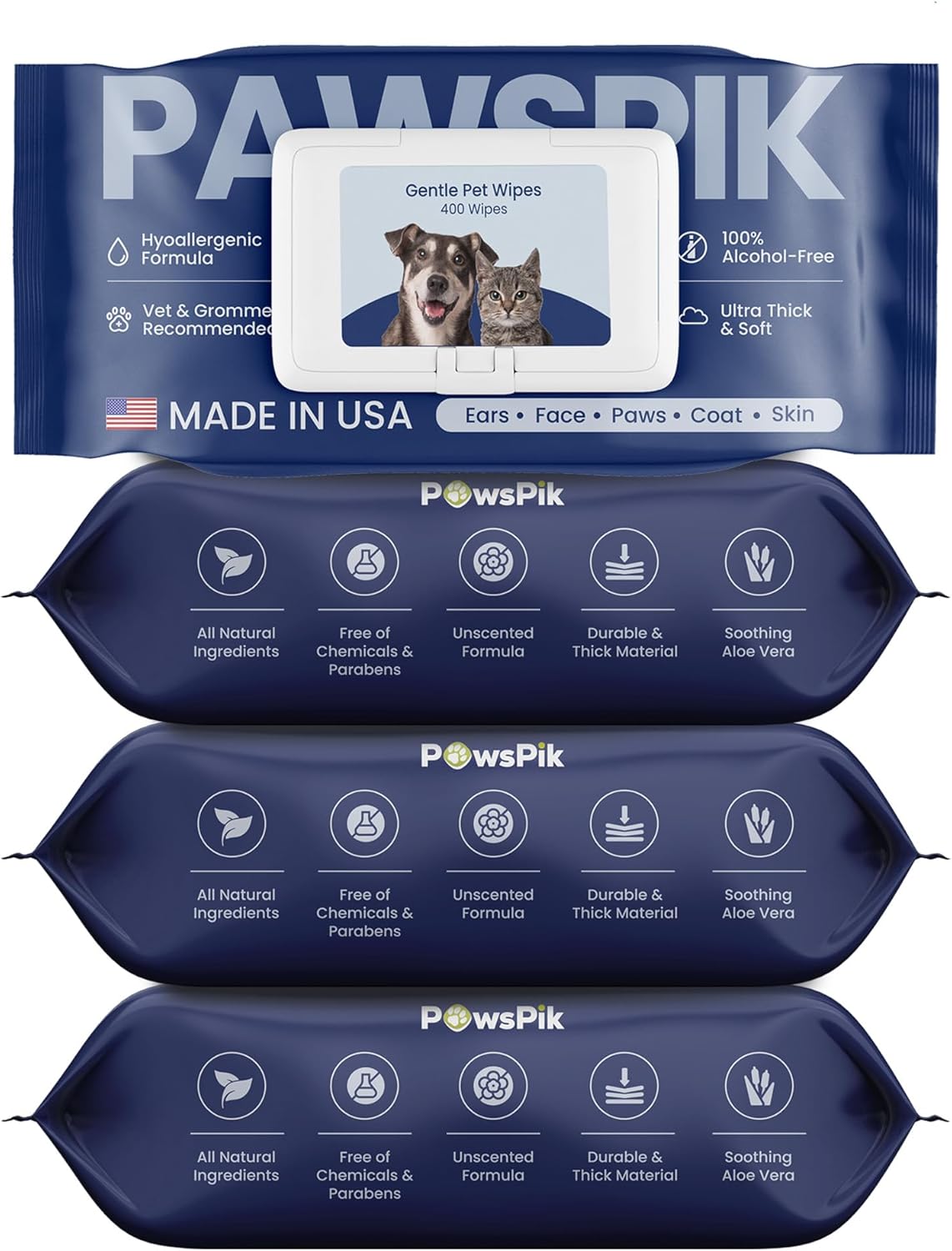 Made in USA Premium Pet Wipes with All Natural Ingredients for Dogs & Cats, Body, Ears, Face, Butt & Paws - 8x8 Inch Large - Unscented, Ultra Thick, Hypoallergenic & Alcohol-Free (4 Packs (400 pcs))