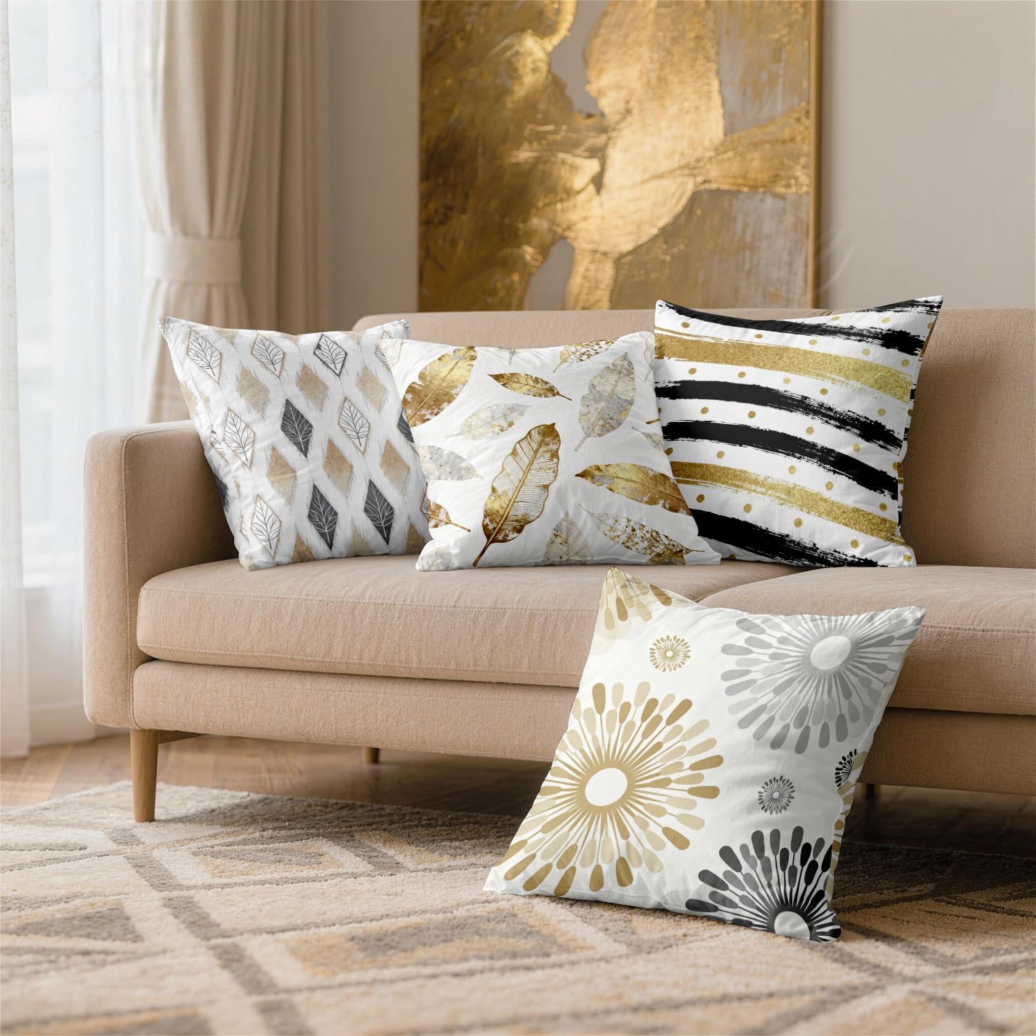 Batmerry Leaf Geometric Coffee Throw Pillow Covers, New Living Series Decorative Pillow Covers Digital Printing Blended Fabric for Couch Sofa Bed Invisible Zipper 18X18 in(Set of 4)