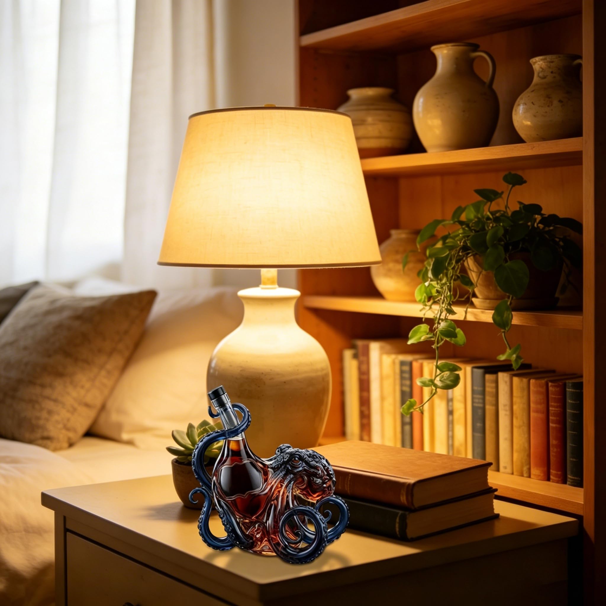 Rum Edition 3D-Oktopus-Flasche, nautische Kunst, Sammler-Display, Tiefsee-Dekor-Flasche, Premium-Display für Wein, Likör, Limonadenflaschen, Stanley Cup (Schwarz)