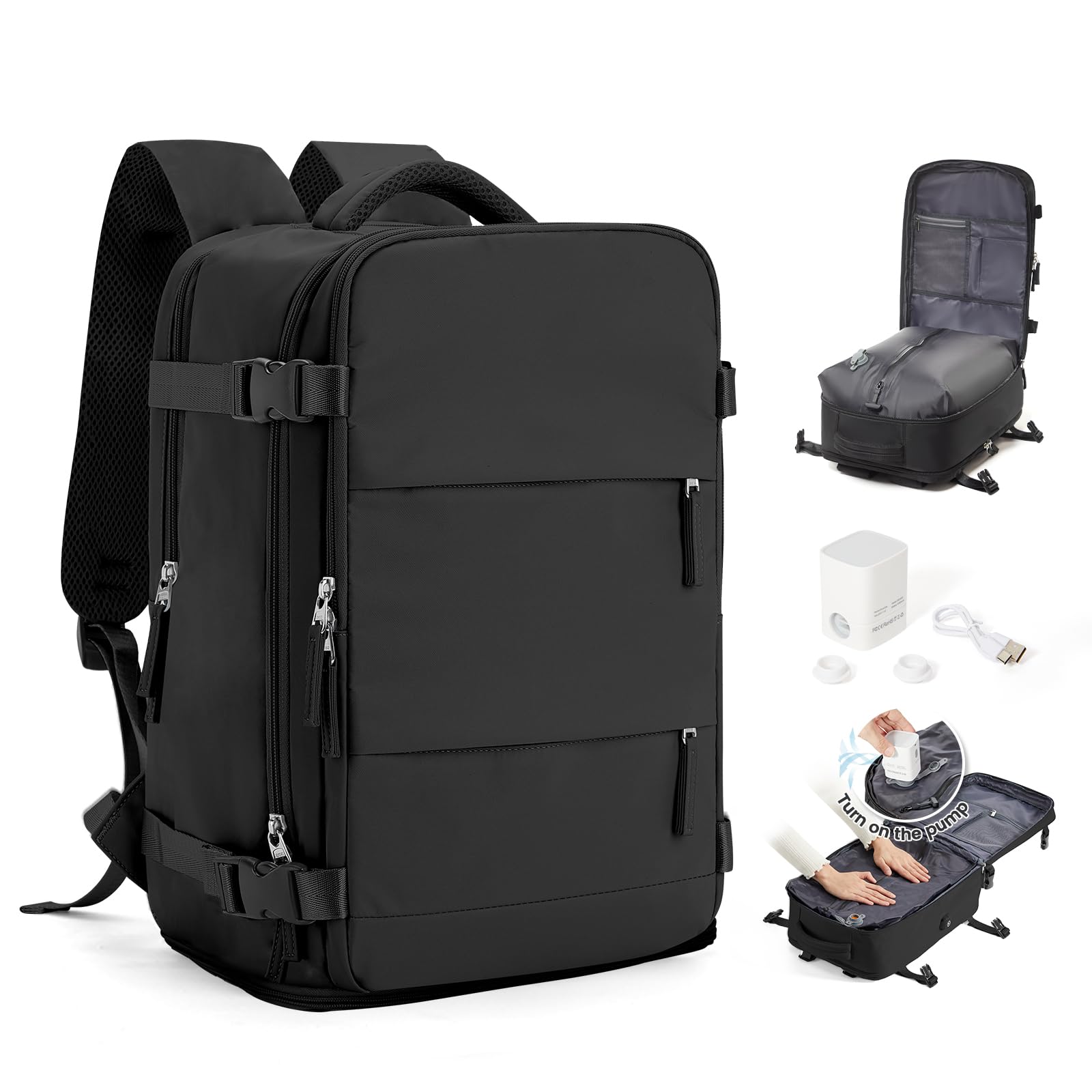 SEAFEW Borsa da Cabina per Ryanair 40x30x20 Zaino Sottovuoto da Viaggio con Pompa Aereo Bagaglio a Mano per Easyjet Impermeabile Lavoro e Scuola Trekking Casual Daypack per 14" laptop,A01-Nero