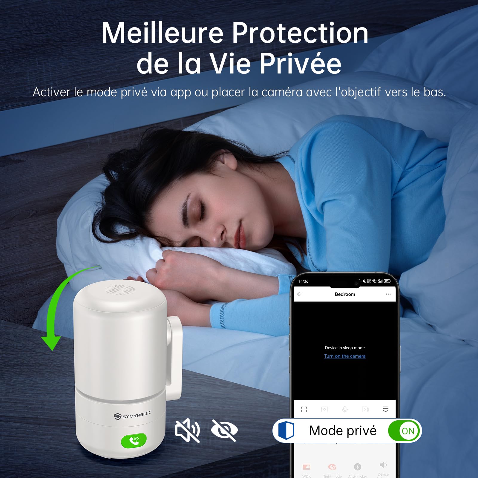 SYMYNELEC 2K Caméra de Surveillance Intérieure WiFi 5GHz/2,4GHz, 2 Pièces | Caméra 360°, Détection Humaine, Vision Nocturne, Appel en un Clic, Audio Bidirectionnel, Surveillance Bébé/Animaux, Alexa