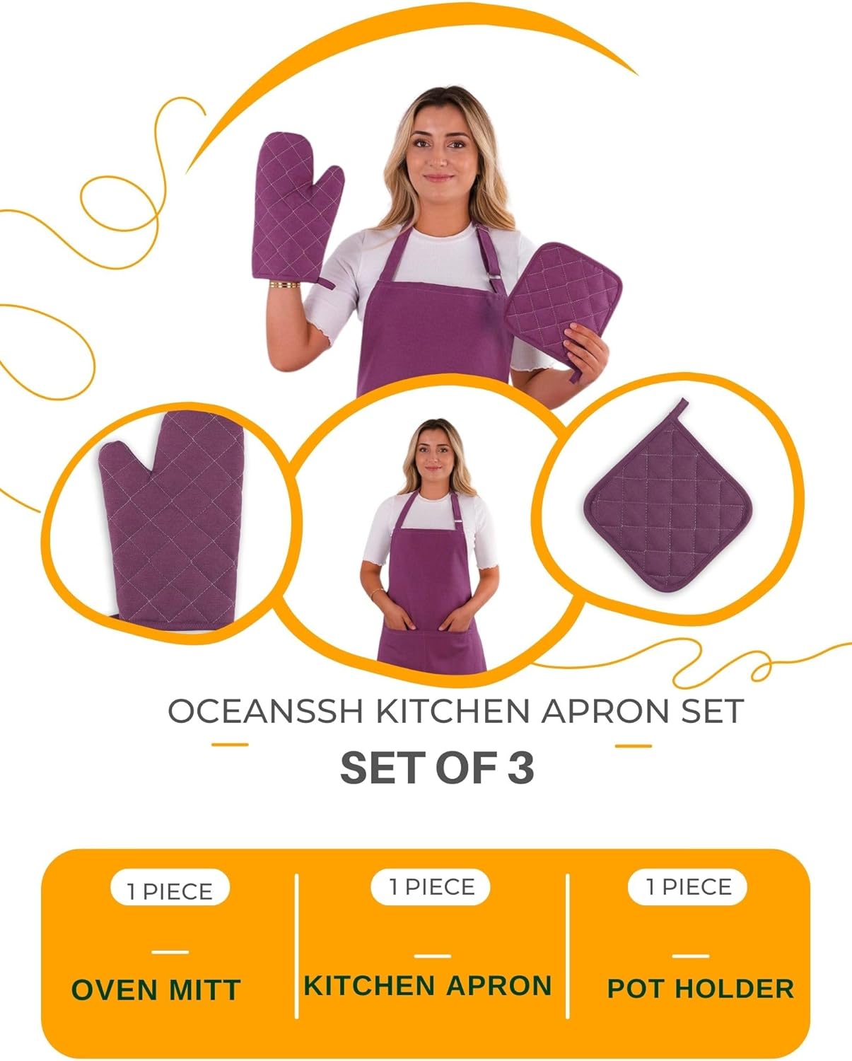 Apron Set 3 pcs; Aprons For Women With Pockets, Oven Mitts and Pot Holders Sets Heat Resistant, Aprons For Men, As Chef Apron - Image 2