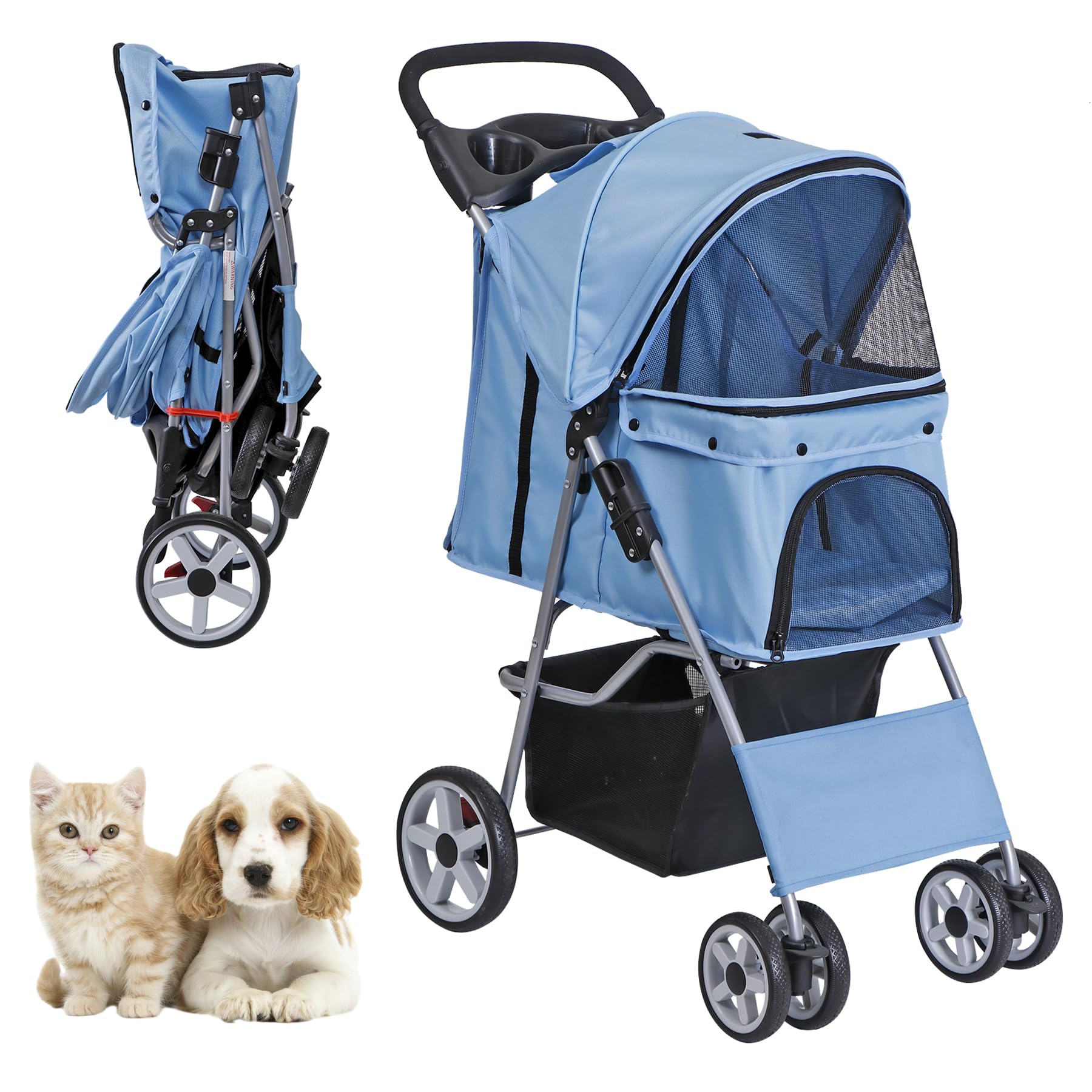 Pet Stroller for Medium Small Dogs - Easy to Walk Folding Travel Carrier Strolling Cart with Cup Holder, Weather Cover and Storage Basket (Blue)