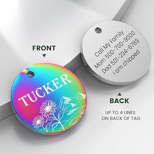 Miniatura 3 de YEHANTI - Etiquetas de perro grabadas para mascotas, etiquetas de identificación de mascotas de acero inoxidable con diseños de girasol, etiquetas
