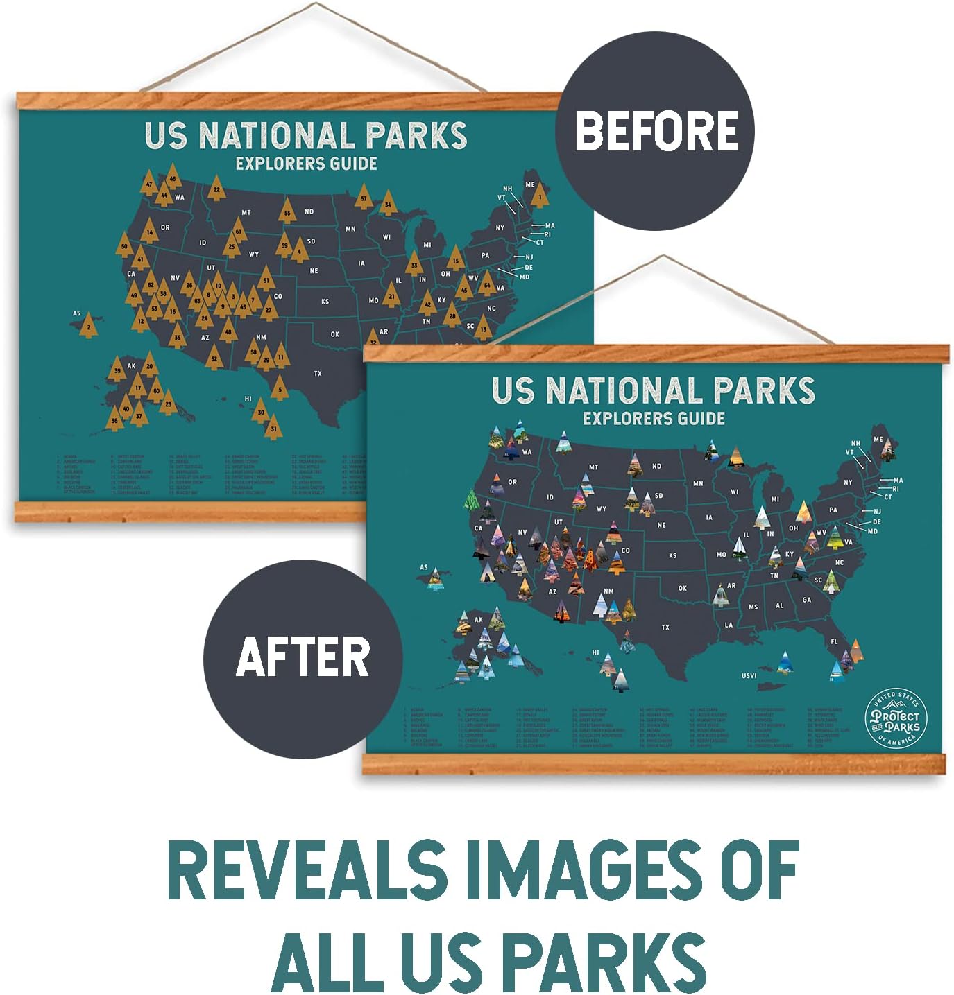 Epic Adventure Maps - US National Parks Travel Scratch Off Poster - Reveals Pine Shaped Nature Photographs - Includes Magnetic Frame - Blue / 24 x 17 Inches