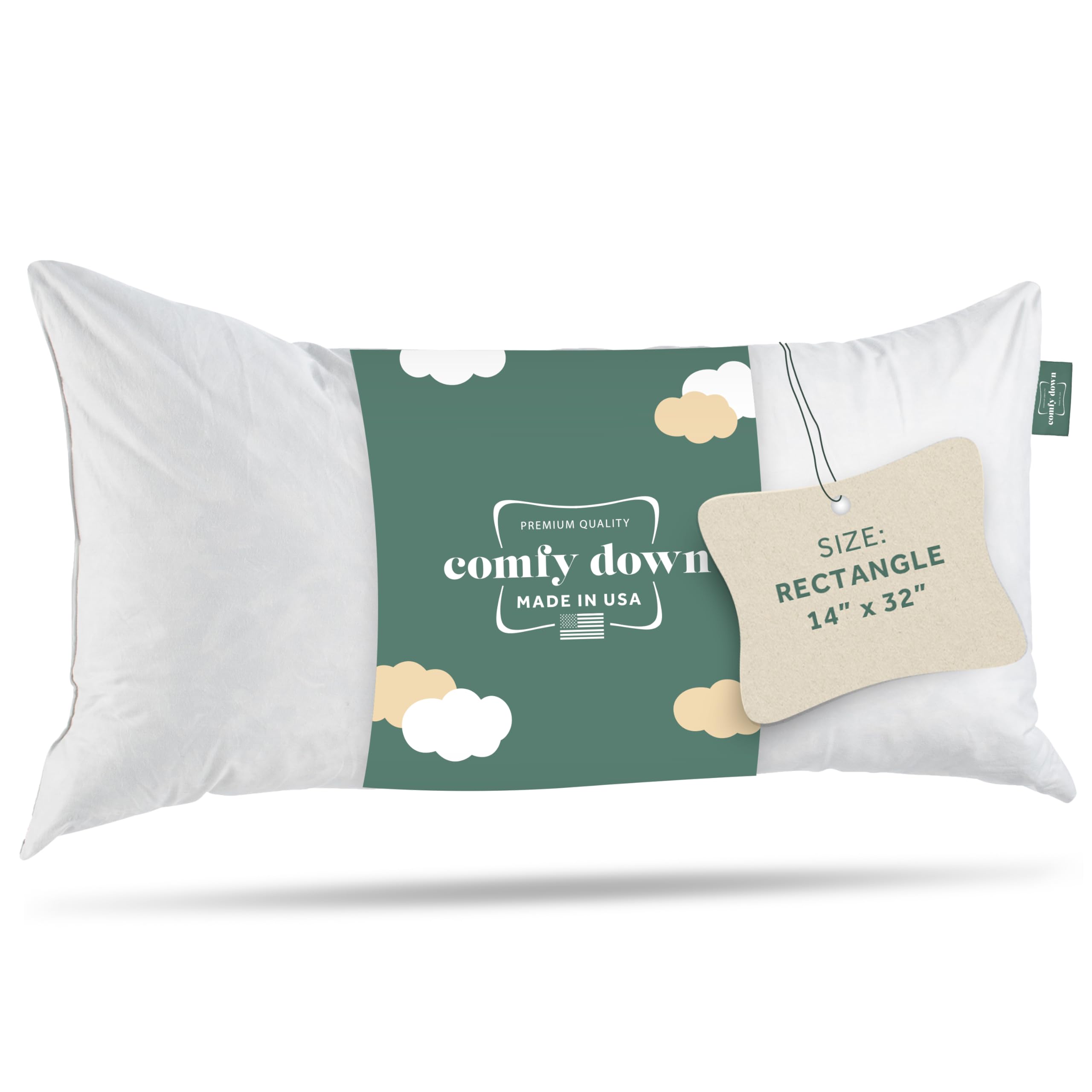 comfydown decorative throw pillow insert, down and feather fill, 100% cotton cover, 233 thread count - made in usa (14 x 32)