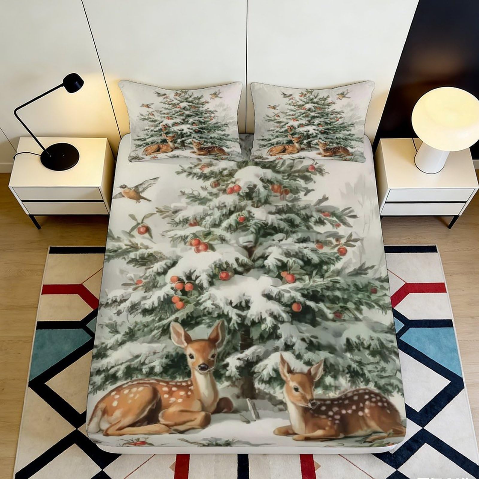 3D Printed Snowy Pine Tree Fitted Sheet Microfiber Soft Breathable Deer Forest Mattress Cover for Bedroom Guest Room 140x200x25cm