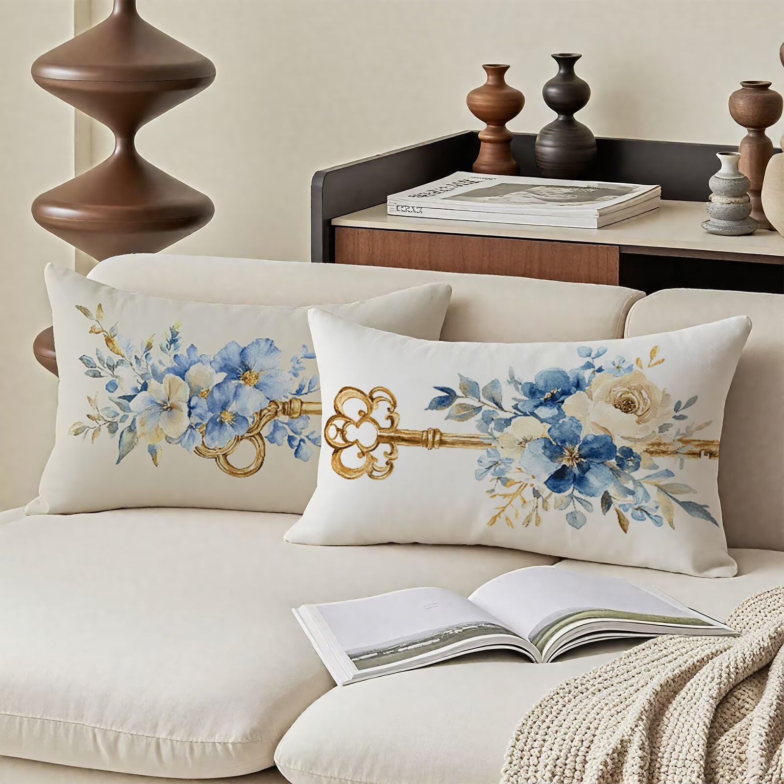 Federe Cuscini Divano 60x120cm Copri Cuscini per Divano Letto Decorativi Bianco Lino Set di 2 Cuscino Esterno Impermeabili Rettangolari Grandi Fiore con Zip Nascosta per Arredo Camera Esterno u-1359
