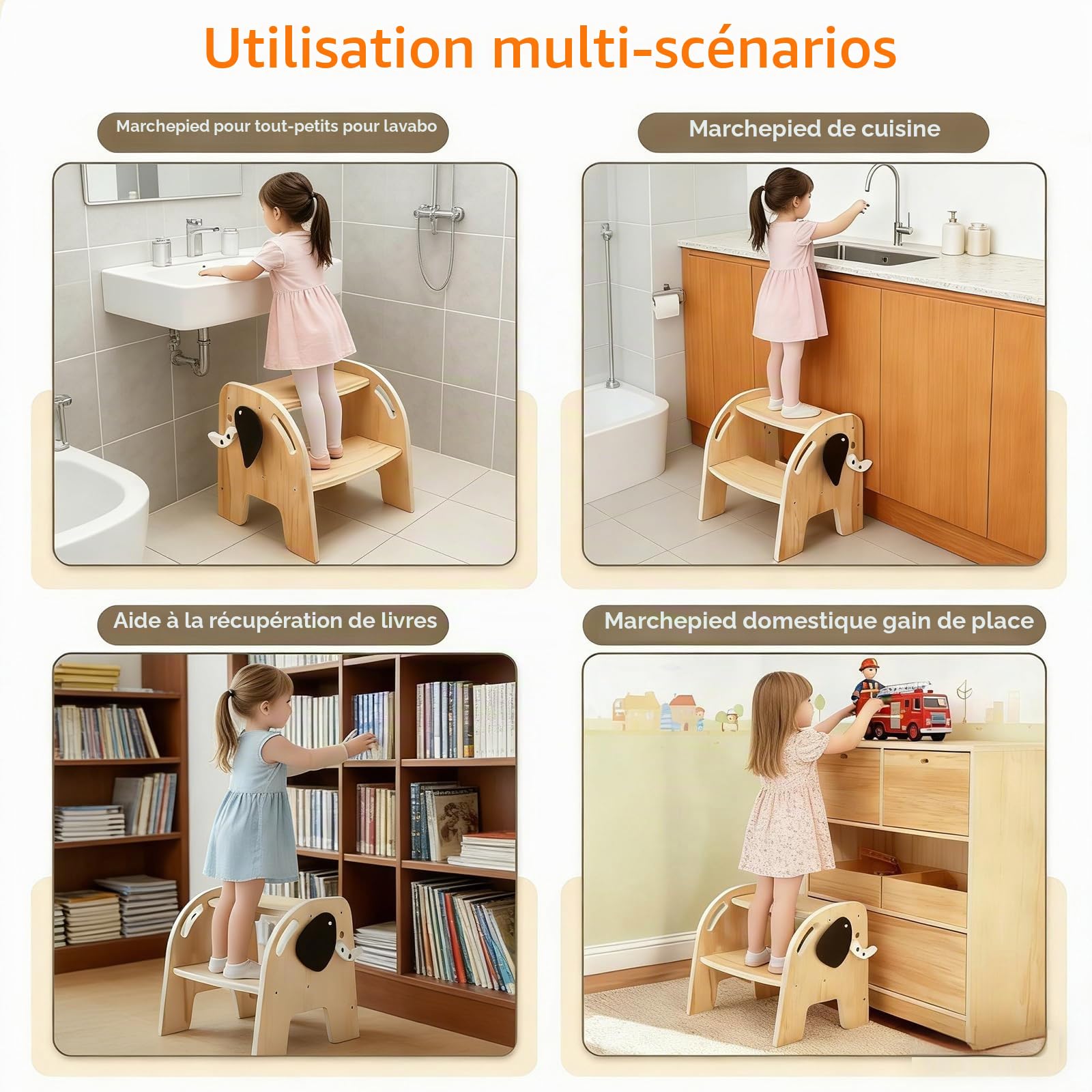 Escabeau pour Enfants, Tabouret à 2 marches en Bois pour Enfants, supportant jusqu'à 80 kg, avec Repose-Pieds antidérapant pour Salle de Bain, Cuisine, Chambre d'enfant, Toilettes