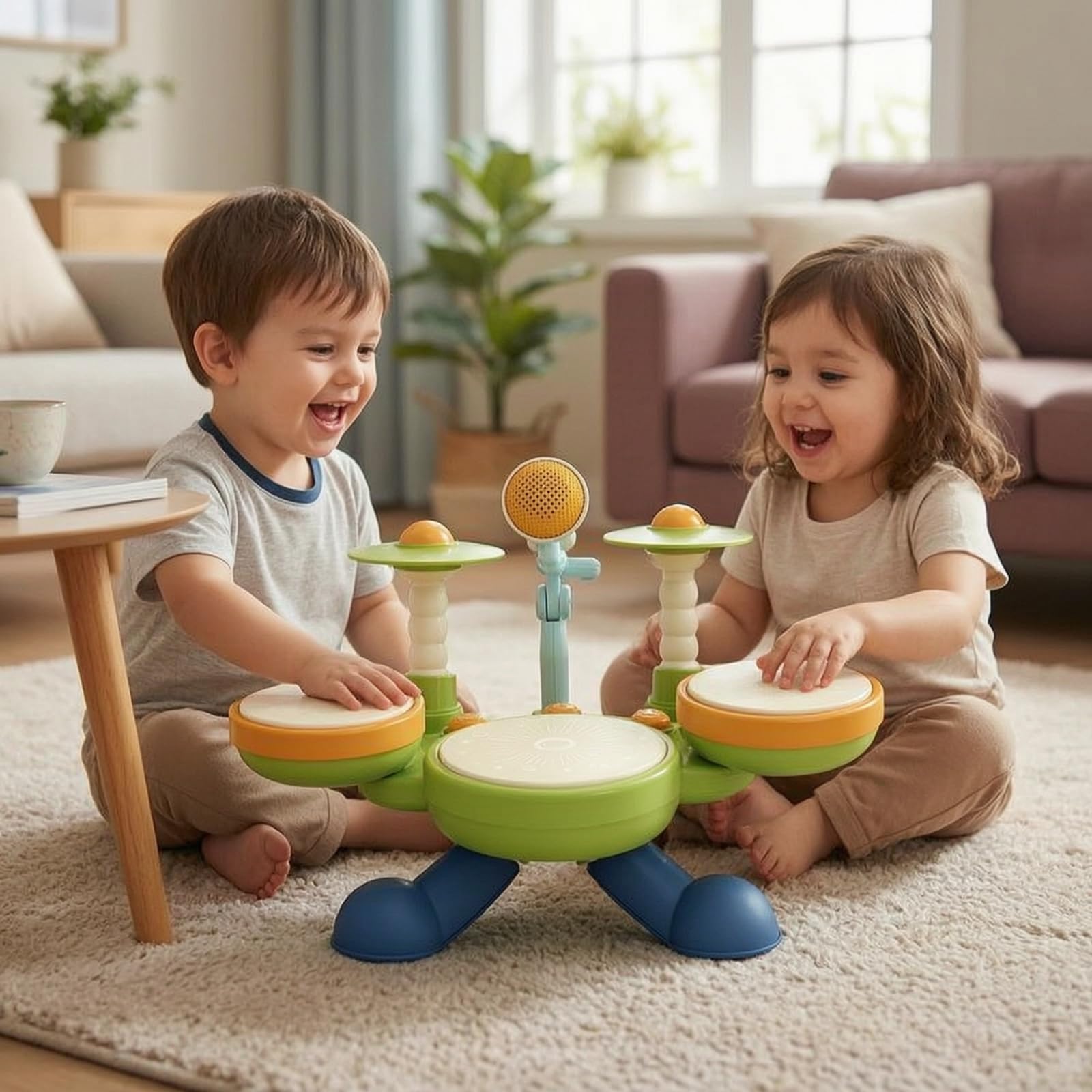 Batteria per Bambini Set Batteria Giocattolo Percussioni Tamburo Piatti con Pad Interattivi Luci E Suoni per Sviluppo Ritmico Coordinazione Mano , Battery SET 3-Drum