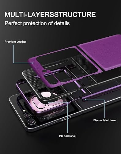 Miniatura 10 de Feitenn Funda para Samsung Z Flip 5, Premium Z Flip 5 Funda trasera de cuero genuino delgada y dura PC Bling a prueba de golpes con película