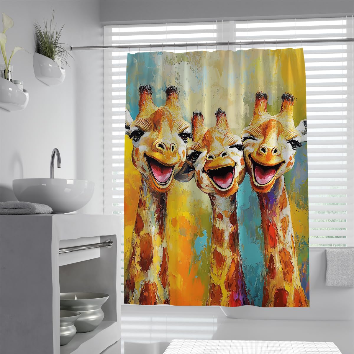 UERWOWELL Happy Giraffe Family Shower Curtain Cheerful African Wildlife Artwork for Washroom Decor Waterproof Polyester Fabric Bathroom Shower Curtains W150xL180 cm