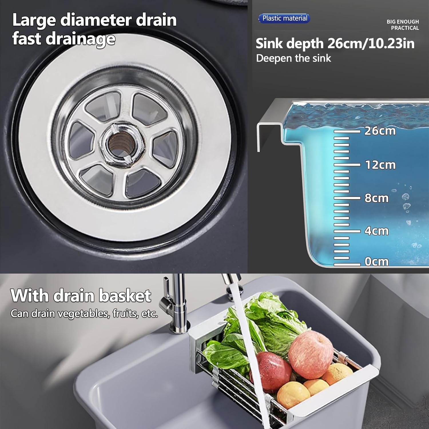 Freestanding Plastic Utility Sinks Laundry Tub outdoor sink Freestanding Plastic Utility Sink With tap Indoor and Outdoor Wash Basin Utility Sink for Restaurants Laundries Stores Utility Rooms(Gray,40