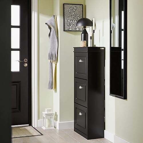 Miniatura 64 de Haotian FSR82-L-SCH - Zapatero de pasillo negro, zapatero de diseño moderno, zapatero delgado con cajón abatible y cojín de asiento acolchado Negro