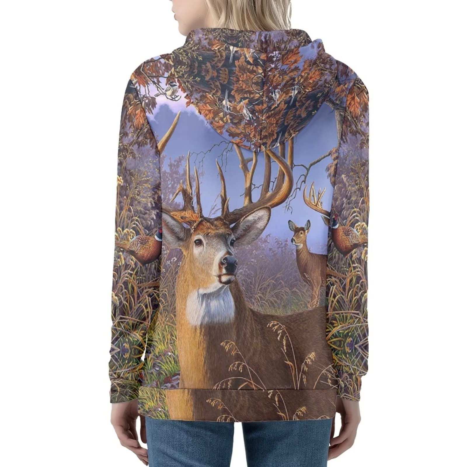 HUIACONG Damska bluza z kapturem zapinana na zamek błyskawiczny dla nastolatek sweter XS-5XL rozmiar, Las gołębi reniferów, XL