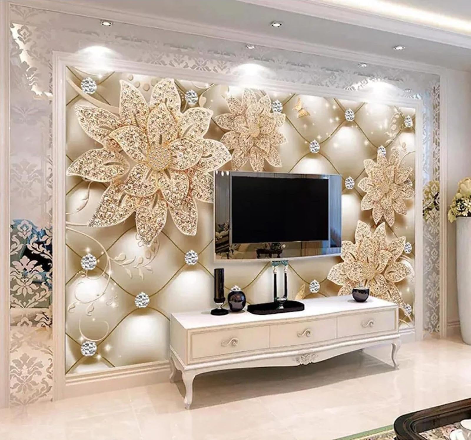 XLMING Three Dimensional Luxury Diamonds Floral Upholstered 3D Wallpaper Luxury Silk Study Dining Feature Sofa Grey Bedroom Living Room Tv Decorative Wall-350cm×256cm