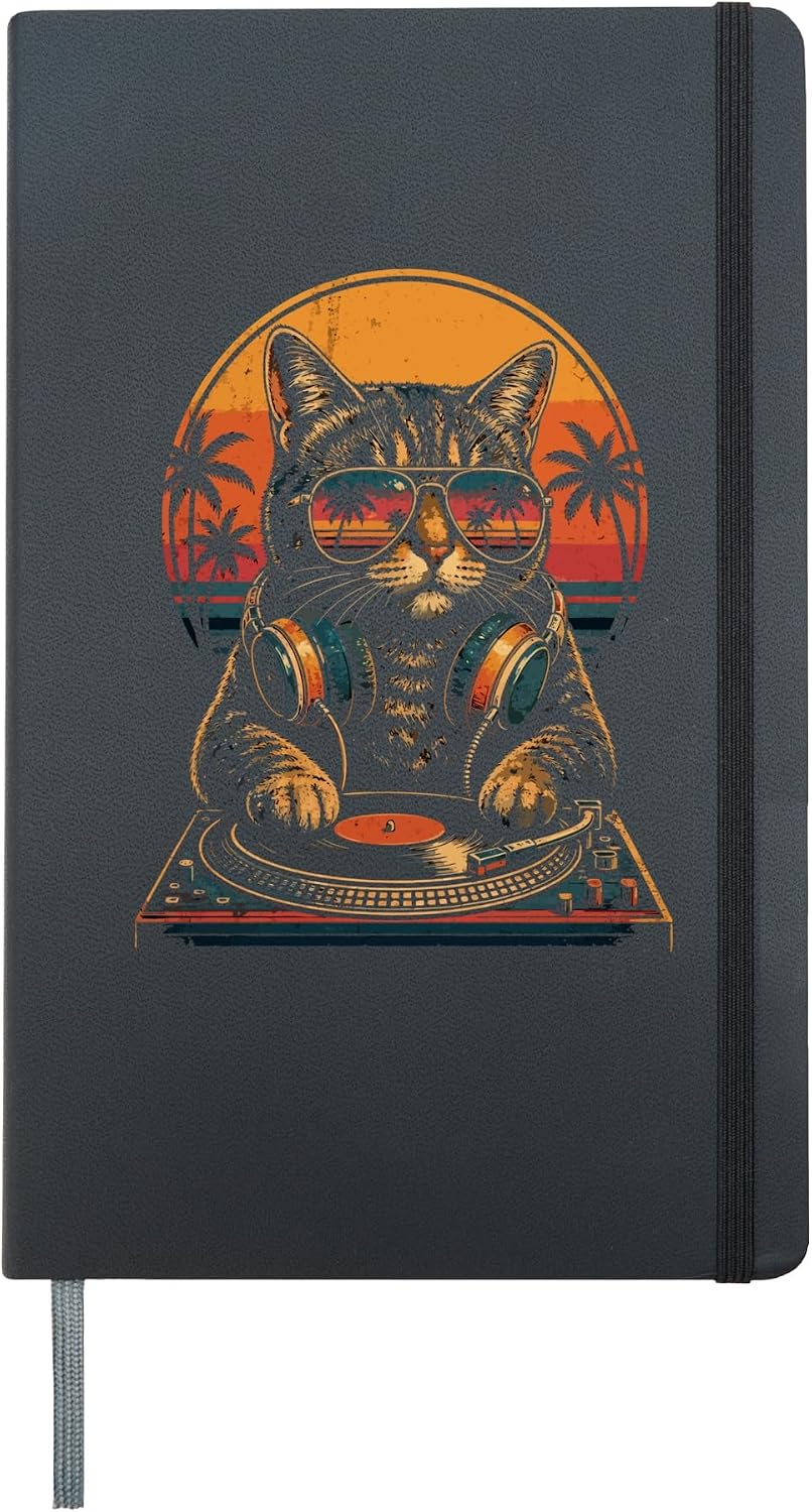 Cat DJ Summer Music Festival Outfits Cool Cat Lovers Hardcover Journal, Black