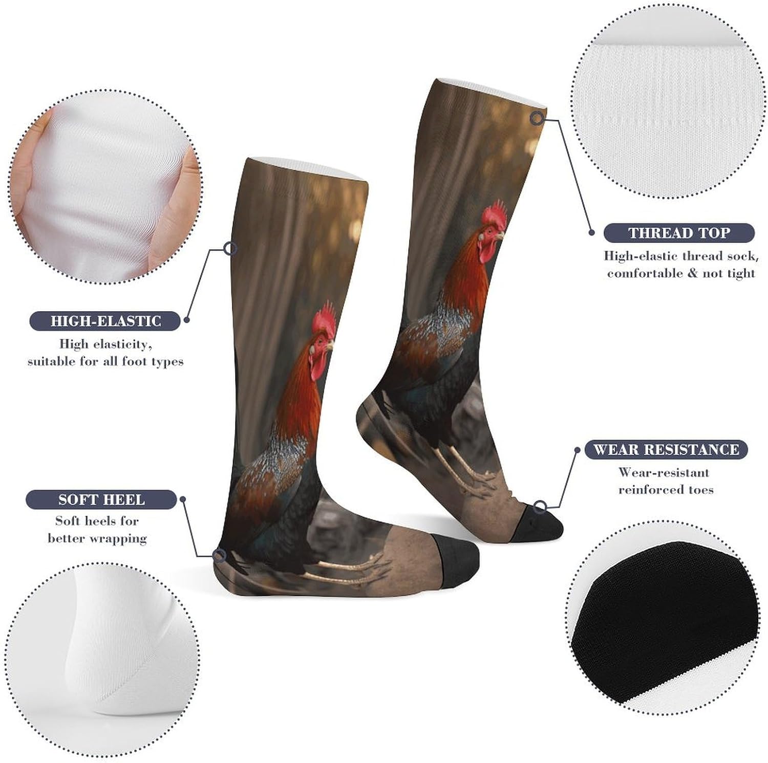 Rooster And Chicken Compression Sock Circulation Support Socks Lightweight Knee High Tube Sock Over-The-Calf Sock for Adult