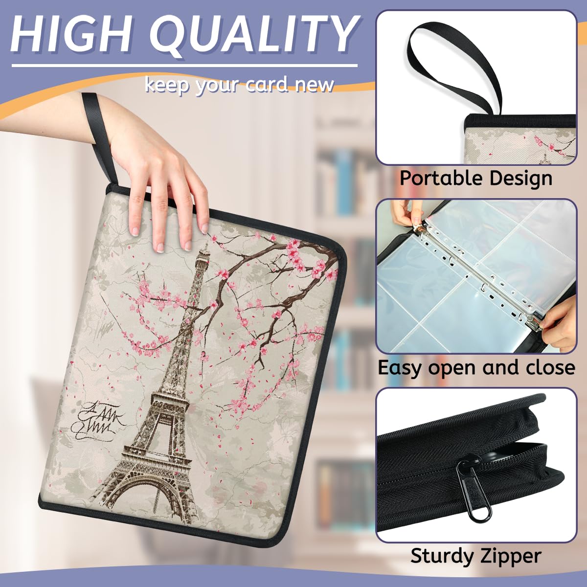 Classeur pour cartes à collectionner 4 pochettes Motif Tour Eiffel Paris avec pochettes amovibles Étanche Capacité 50 pages 400 cartes