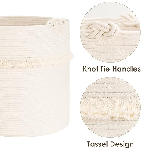 Miniatura 6 de CherryNow canasta de almacenamiento tejida de cuerda de algodón, canasta decorativa para pañales, mantas, revistas y llaves, con adorable borla,