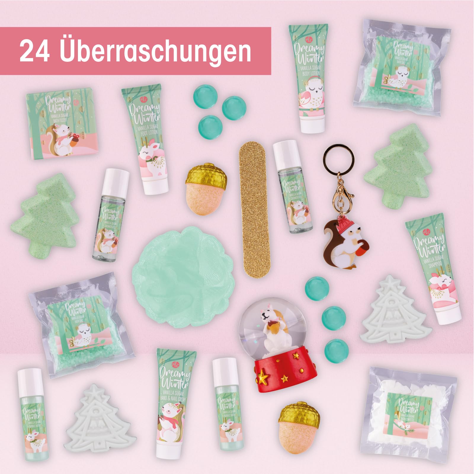 Accentra Kalendarz adwentowy z 24 produktami do pielęgnacji – kalendarz adwentowy Beauty z balsamem do ciała, kulkami kąpielowymi, żelem pod prysznic, szamponem, balsamem do ust, kremem do rąk