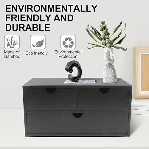 Miniatura 5 de Organizador de escritorio de bambú con 3 cajones, organizador de encimera con cajones, cajón de almacenamiento de maquillaje, caja de organización
