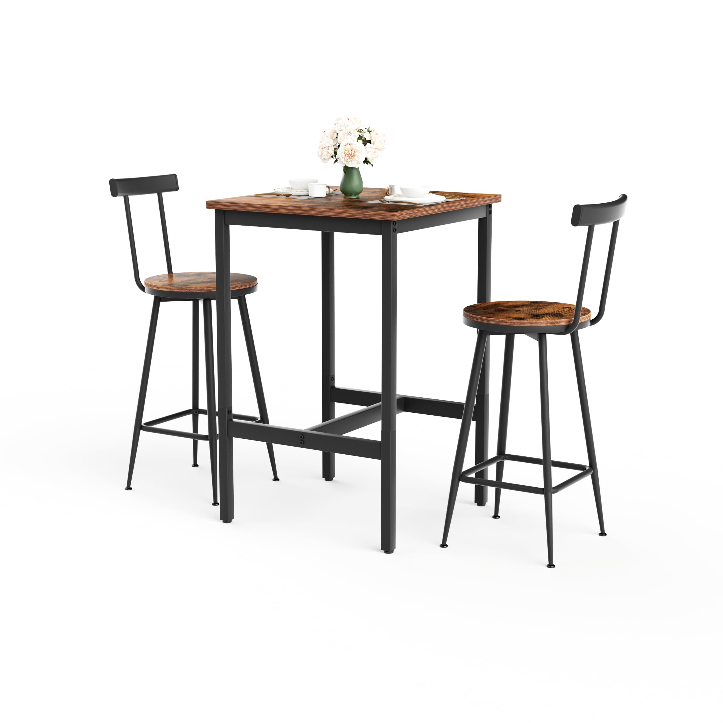 Set Tavolo da Bar e 2 Sgabelli in Acciaio, Cucina, Marrone Rustico, 3 Pezzi
