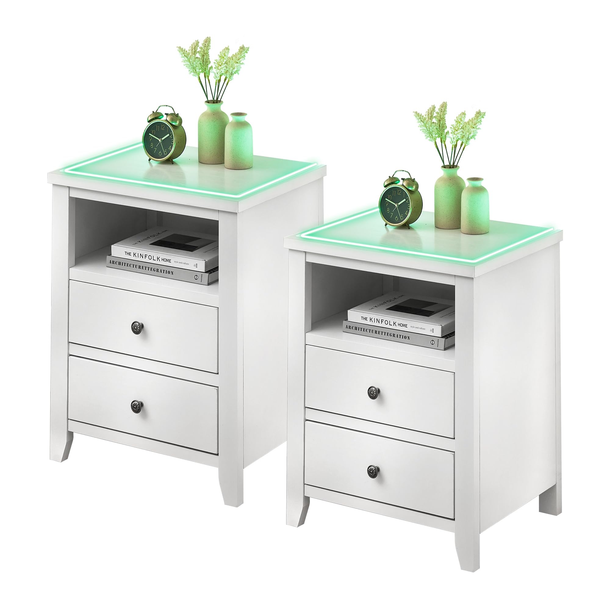 IDEALHOUSE White Nightstand Set of 2 with LED Lights, Modern Nightstand with 2 Drawers, Smart Bedside Table with App-Controlled Lights for Bedroom, Living Room, Home Office