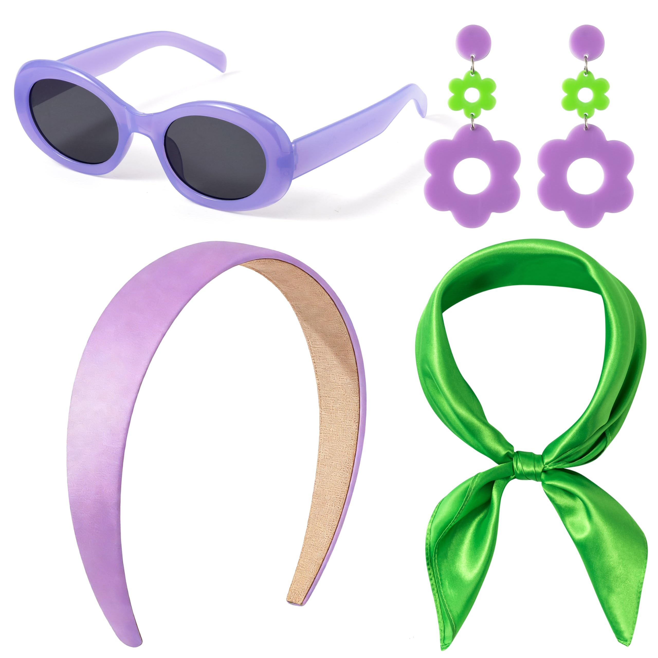 4Pcs 50s Costume Set for Women, Vintage Rockabilly Outfit with Cat Eye Glasses Silk Scarf Headband Flower Earrings, Grease Pink Ladies Fancy Dress Retro Look for Carnival Halloween Party Dress, Purple