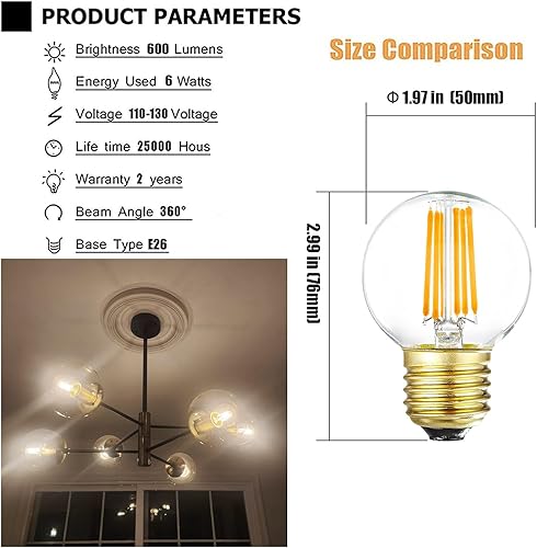 Miniatura 8 de Leools Bombillas LED regulables G16.5, bombillas LED E26 Edison, 4 W igual a 40 W, 400 lúmenes, blanco suave 3000 K, bombilla de globo para