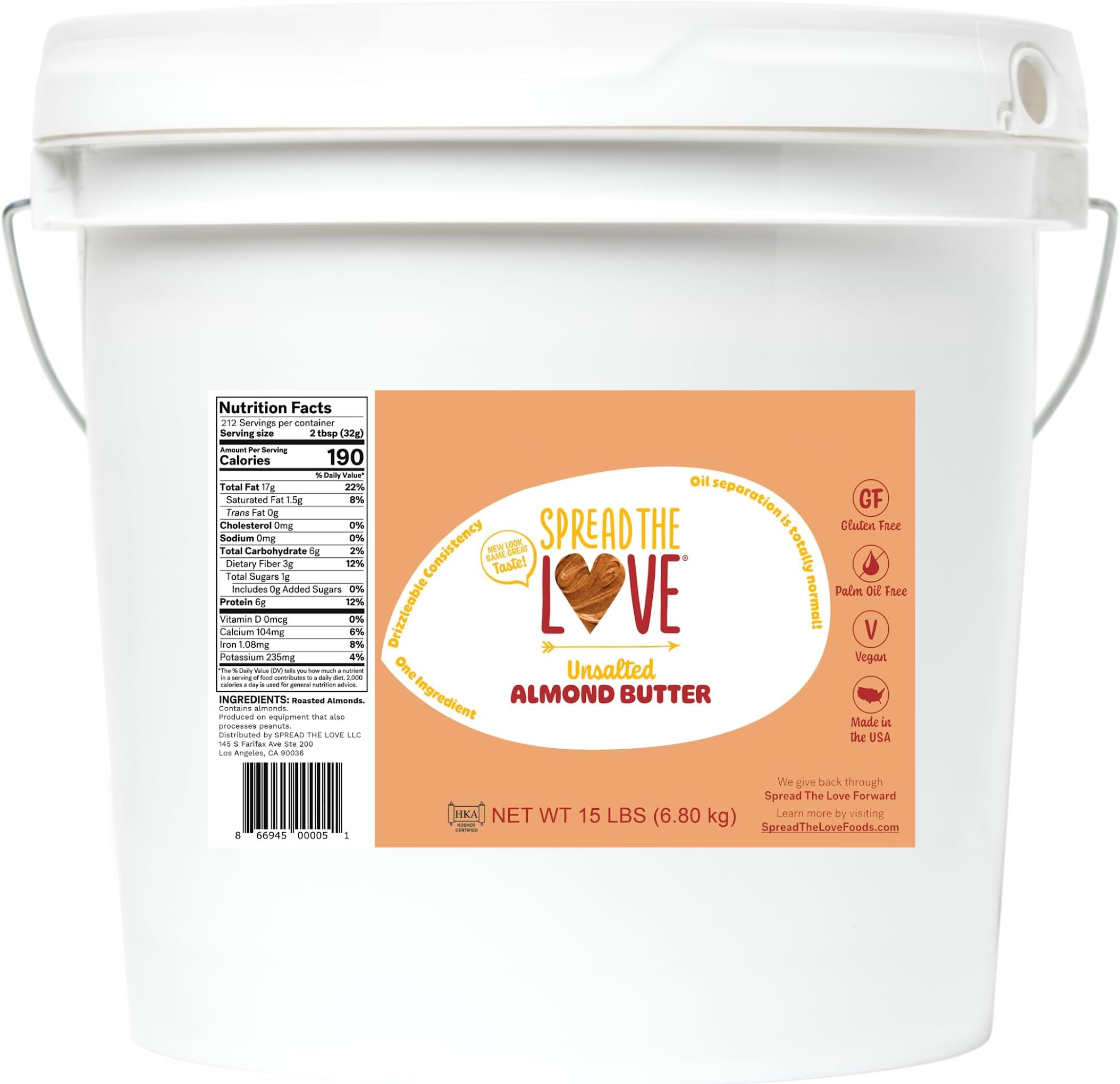 - Spread The Love UNSALTED Almond Butter (All Natural, Vegan, Gluten-free, Creamy, No added salt, No added sugar, No palm fruit oil, Not pasteurized with PPO) (15-Pounds)