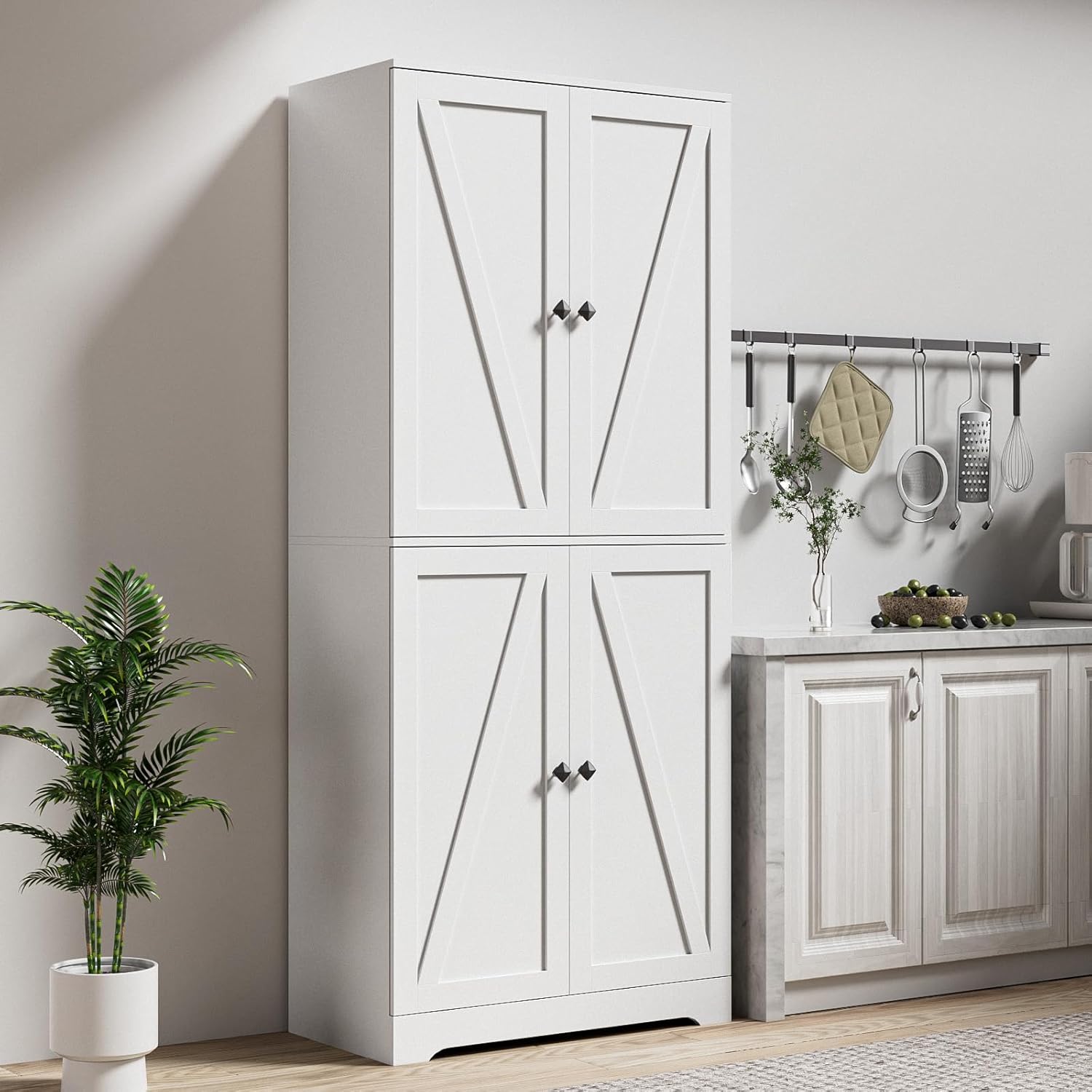 LYNSOM Farmhouse Storage Cabinet, Kitchen Pantry Cabinet with 4 Barn Doors, Tall White Storage Cabinets with Adjustable Shelves for Kitchen, White