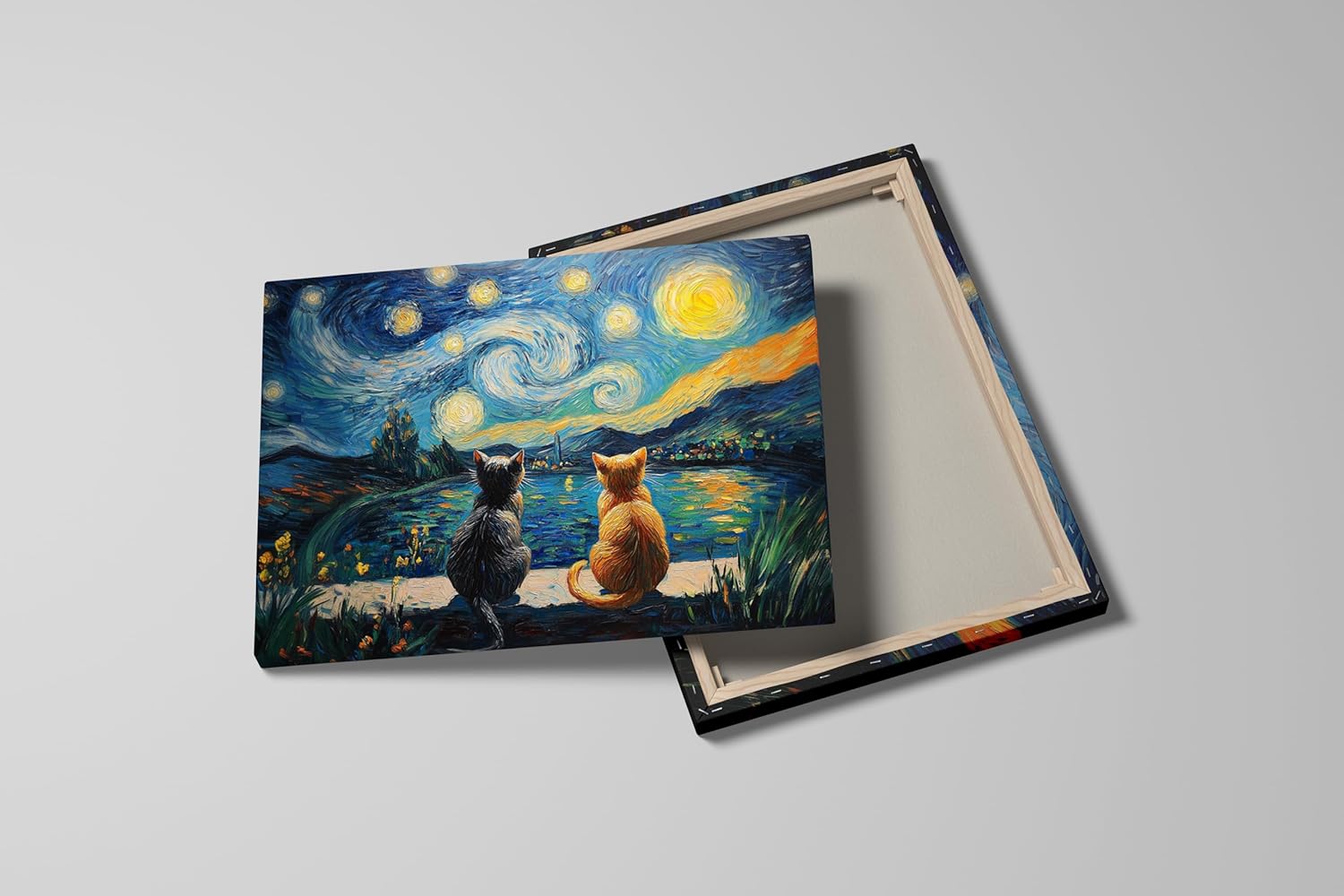 Framed Retro Van Gogh Starry Night With Funny Cat Canvas Prints Wall Art Night Starry Pictures Paintings Poster Canvas Wall Decor for Living Room Bedroom Wall Decorations Ready to Hang (12''X16'')