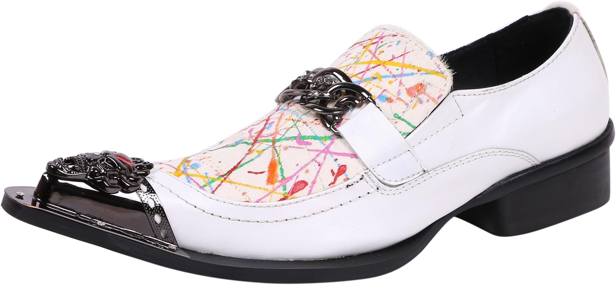 Mens Loafers Pointed Toe Leather Fashion Buckle Rhinestone Metal Tip Western Dress Shoes