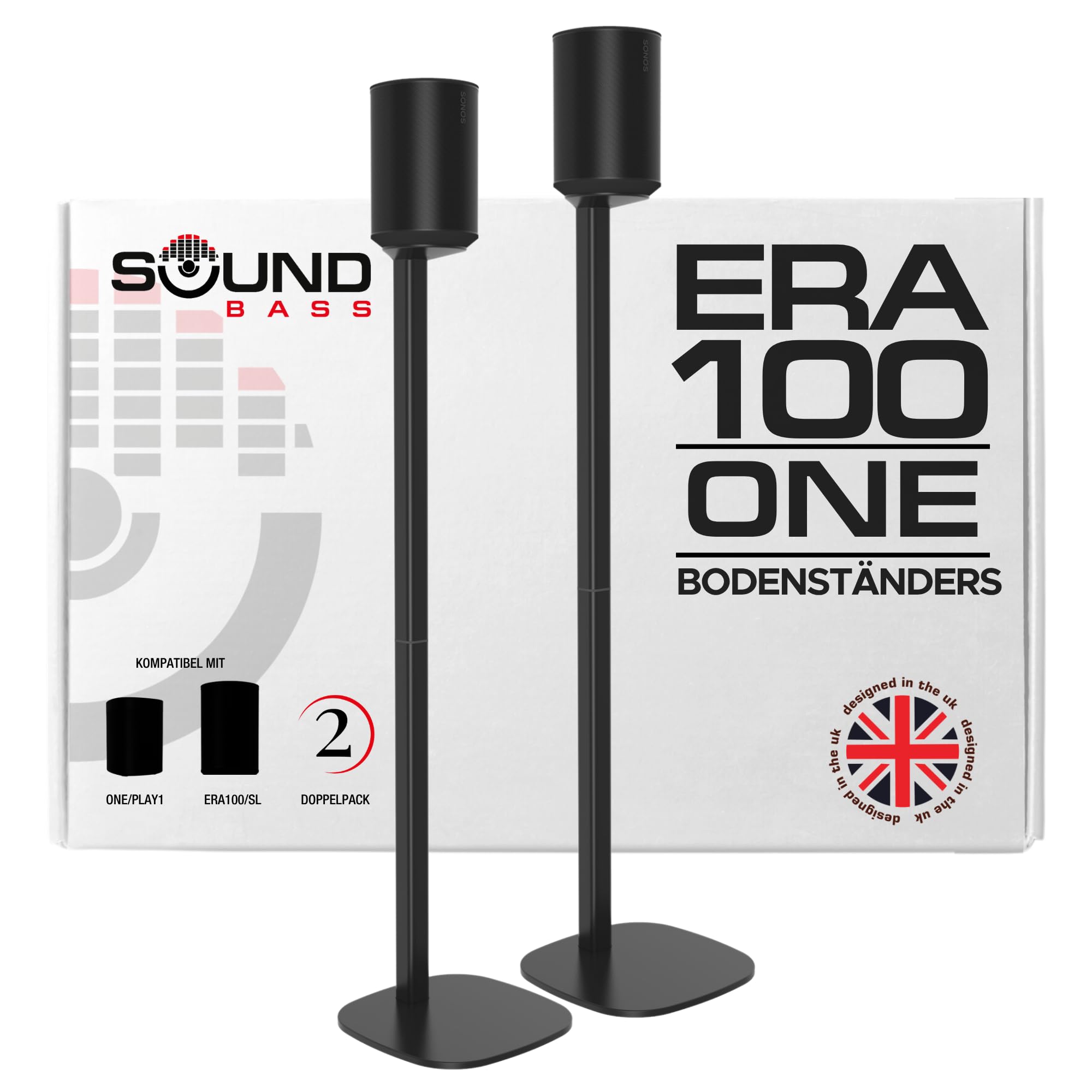 Sound Bass ERA 100 Bodenständer, Doppelpack (2 Stück), Kompatibel mit Sonos ERA100 & ERA 100 SL, Sonos ONE & Play:1 Lautsprecher, Zubehör Enthalten, Entworfen in Großbritannien, Doppel, Paar (Schwarz)