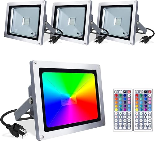 | Paquete de 4 | Luz cambiante de inundación LED RGB de 30 vatios, impermeable al aire libre con control remoto con cable y enchufe, APL2411